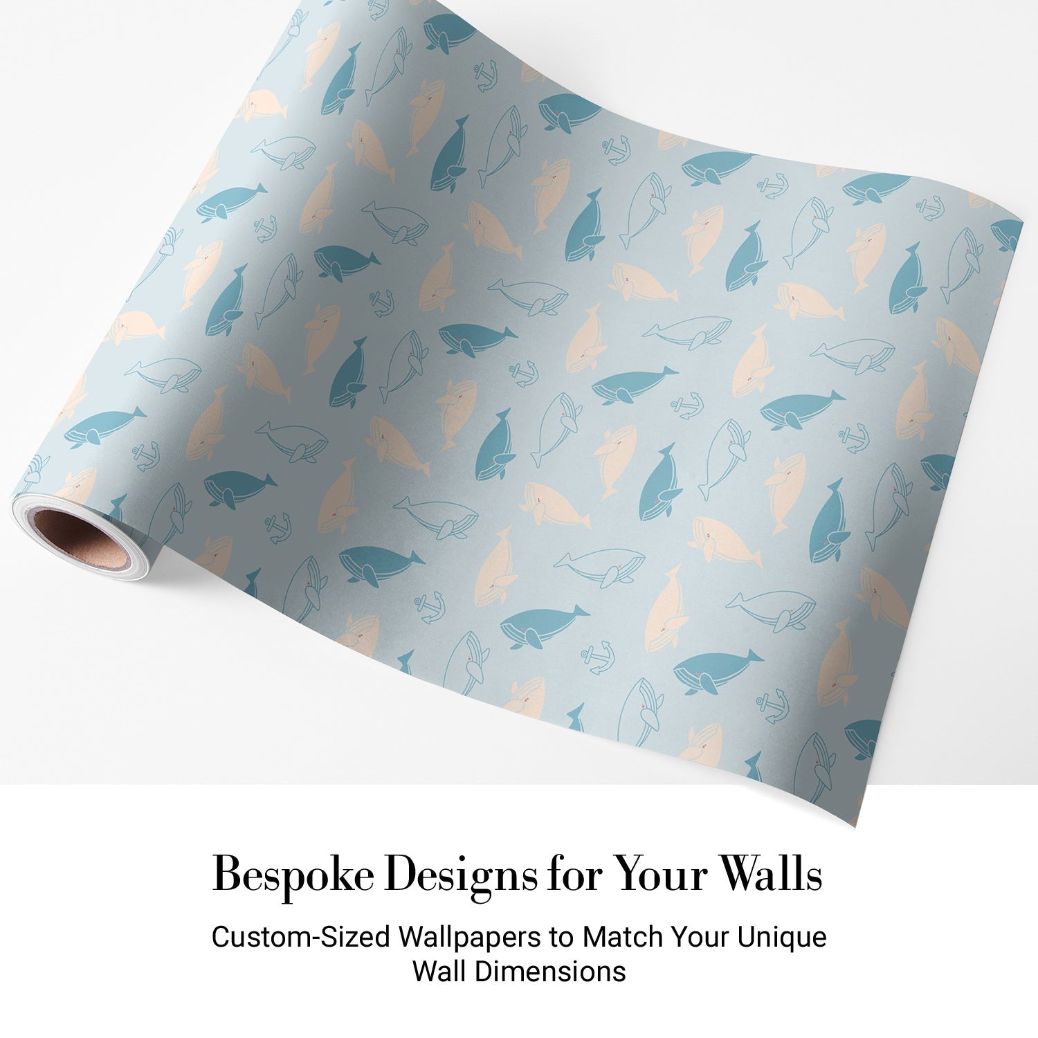 Repeating whale silhouettes in soft blue and peach tones create whimsical nautical pattern - view 4 - final