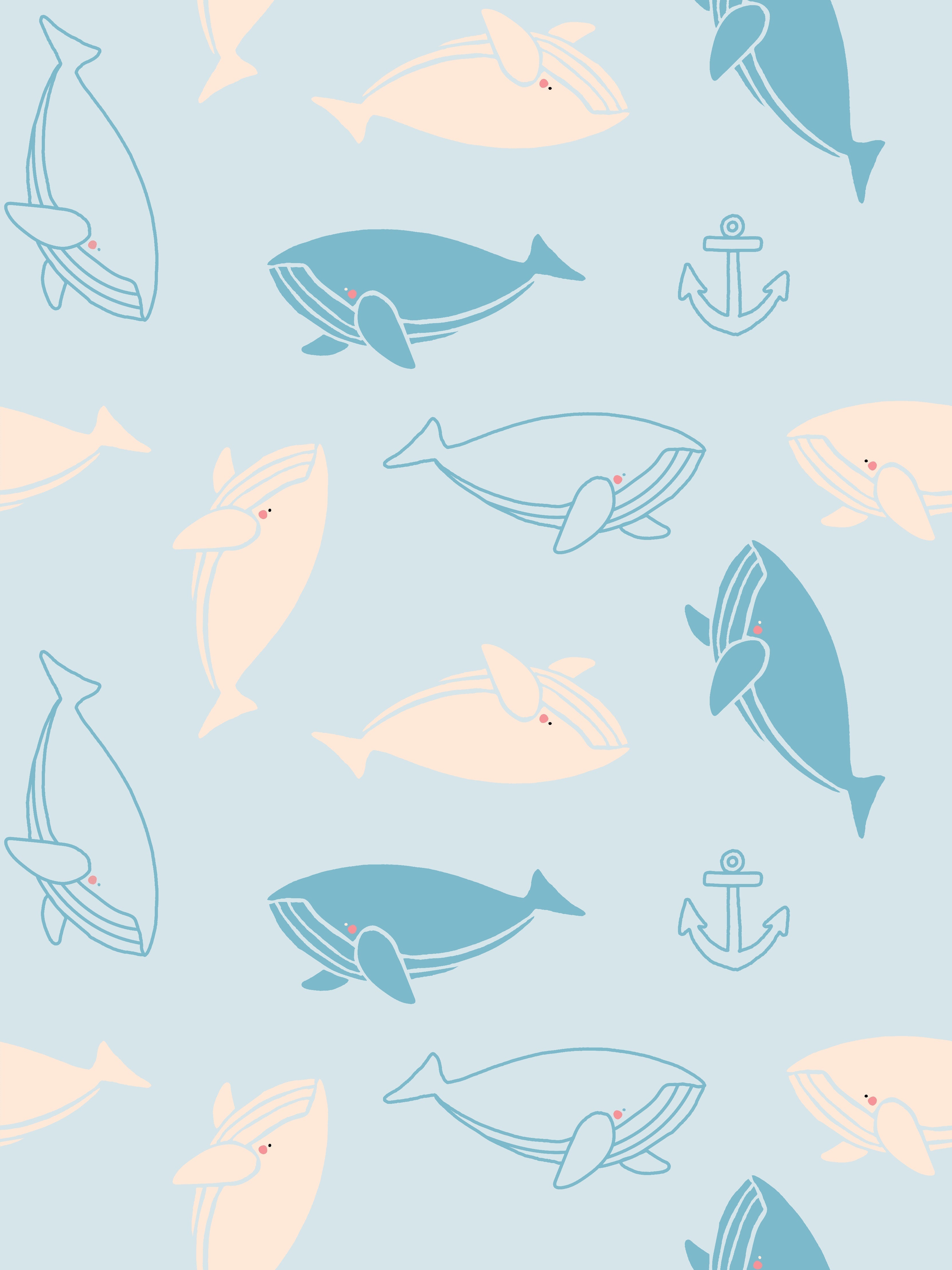Repeating whale silhouettes in soft blue and peach tones create whimsical nautical pattern - view 6 - repeat-original - final