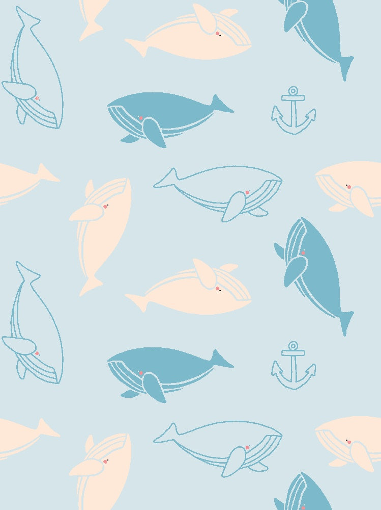 Repeating whale silhouettes in soft blue and peach tones create whimsical nautical pattern - view 7 - repeat-small - final