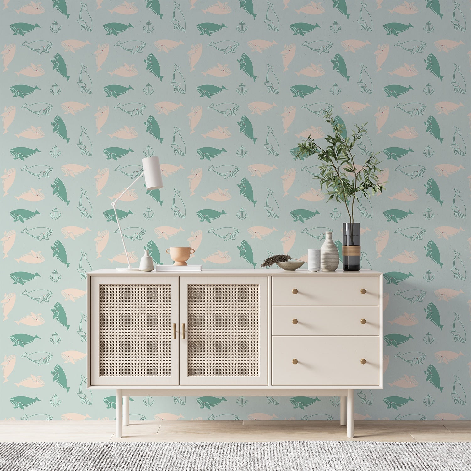 Repeating whale silhouettes in soft blue and peach tones create whimsical nautical pattern - view 8 - final