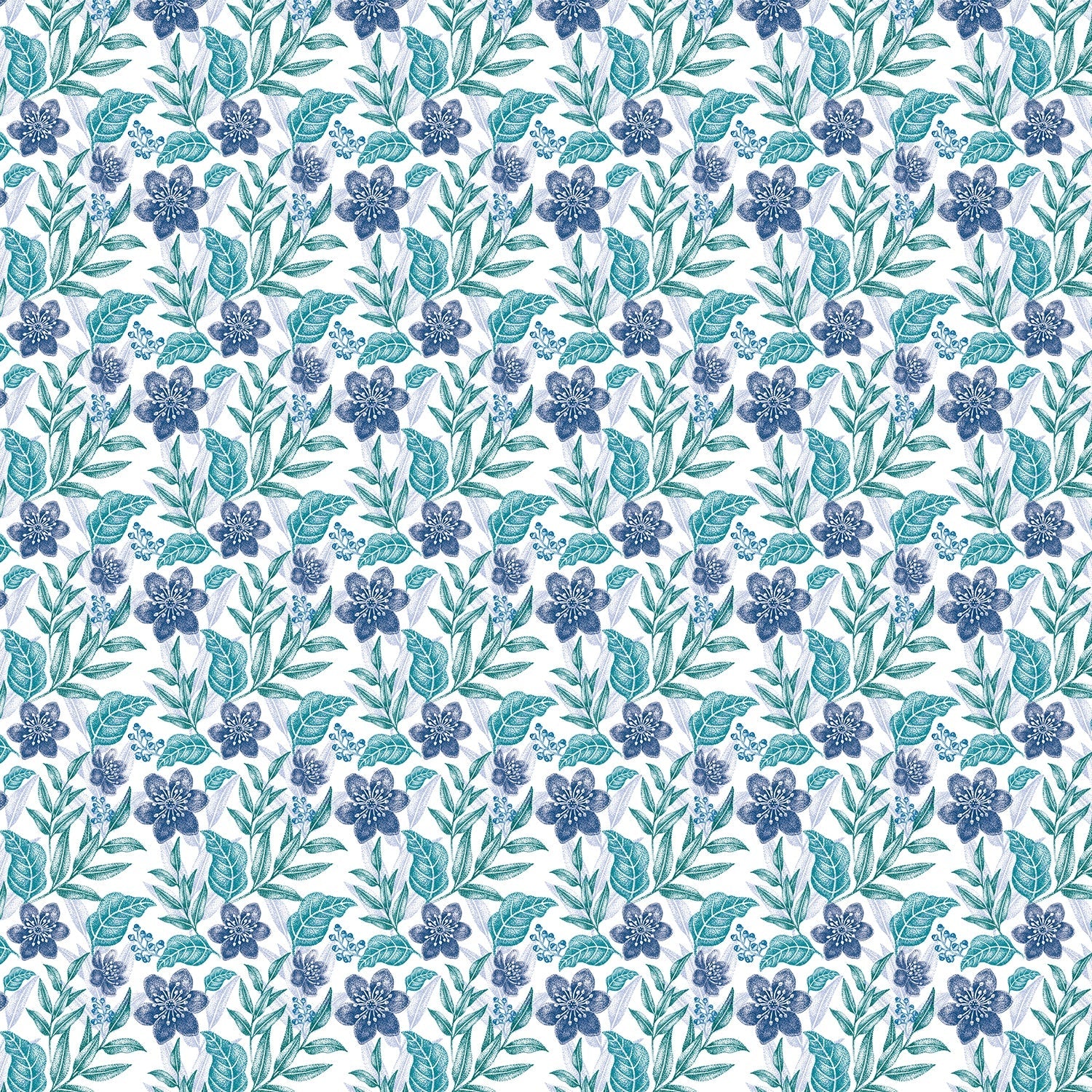 Delicate purple flowers with sage leaves create elegant repeating floral motif on white background - view 18 - final