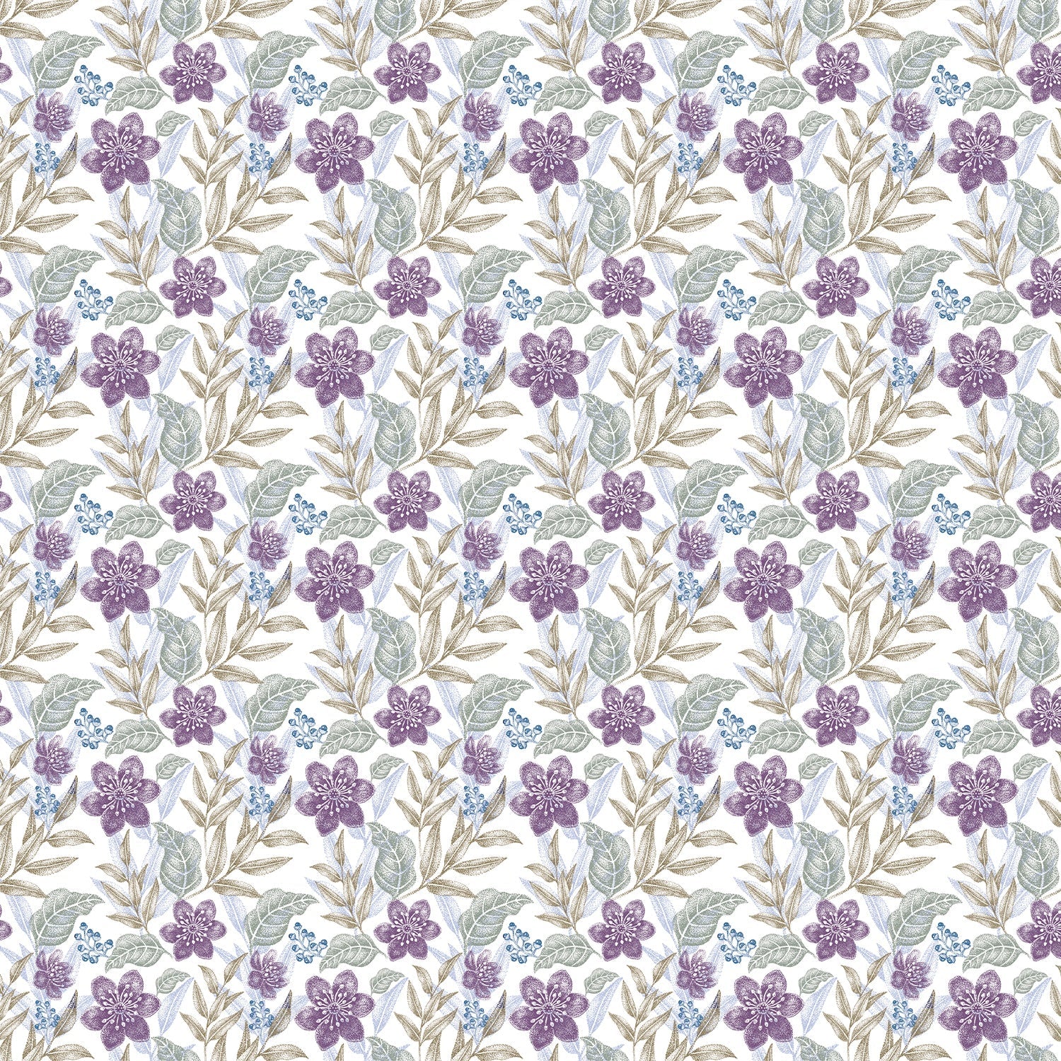Delicate purple flowers with sage leaves create elegant repeating floral motif on white background - view 2 - final