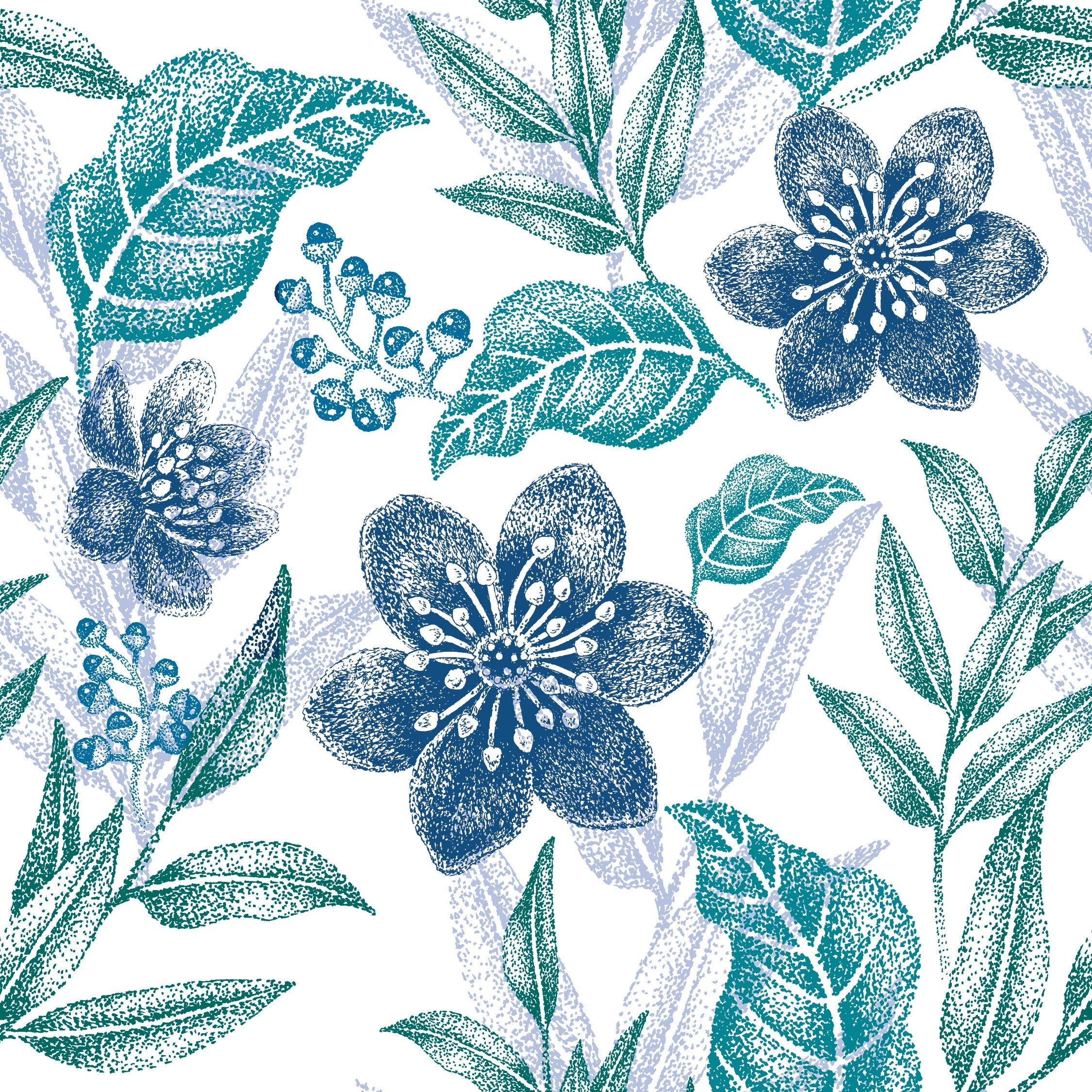 Delicate purple flowers with sage leaves create elegant repeating floral motif on white background - view 21 - repeat-original - final