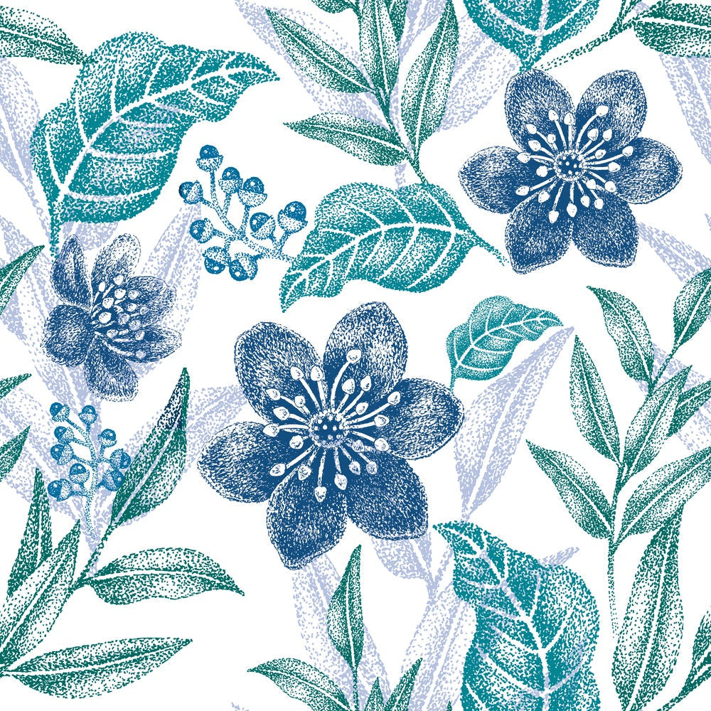 Delicate purple flowers with sage leaves create elegant repeating floral motif on white background - view 23 - repeat-small - final