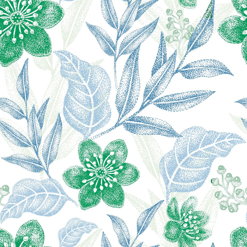 Delicate purple flowers with sage leaves create elegant repeating floral motif on white background - view 26 - repeat-small - final