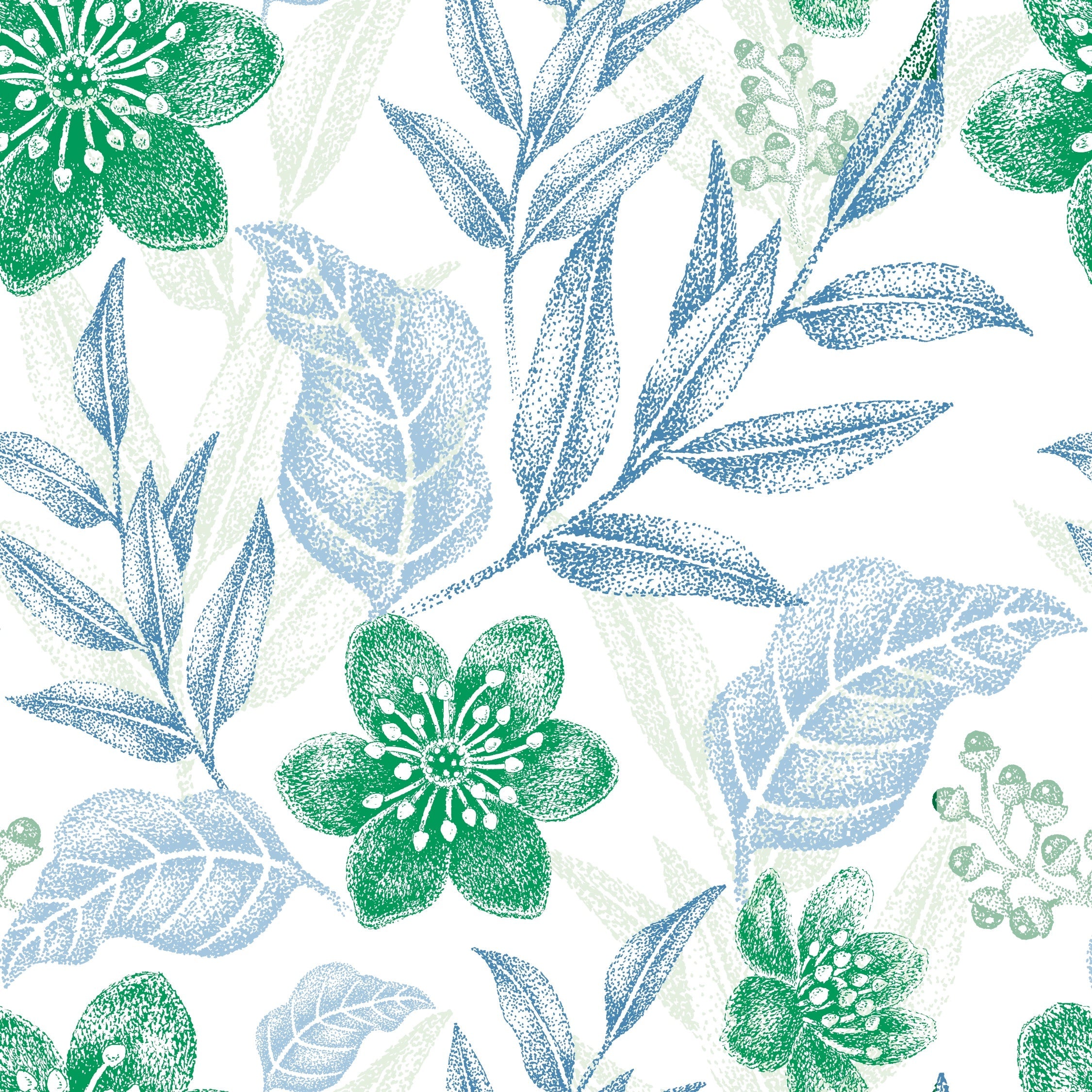 Delicate purple flowers with sage leaves create elegant repeating floral motif on white background - view 27 - repeat-original - final