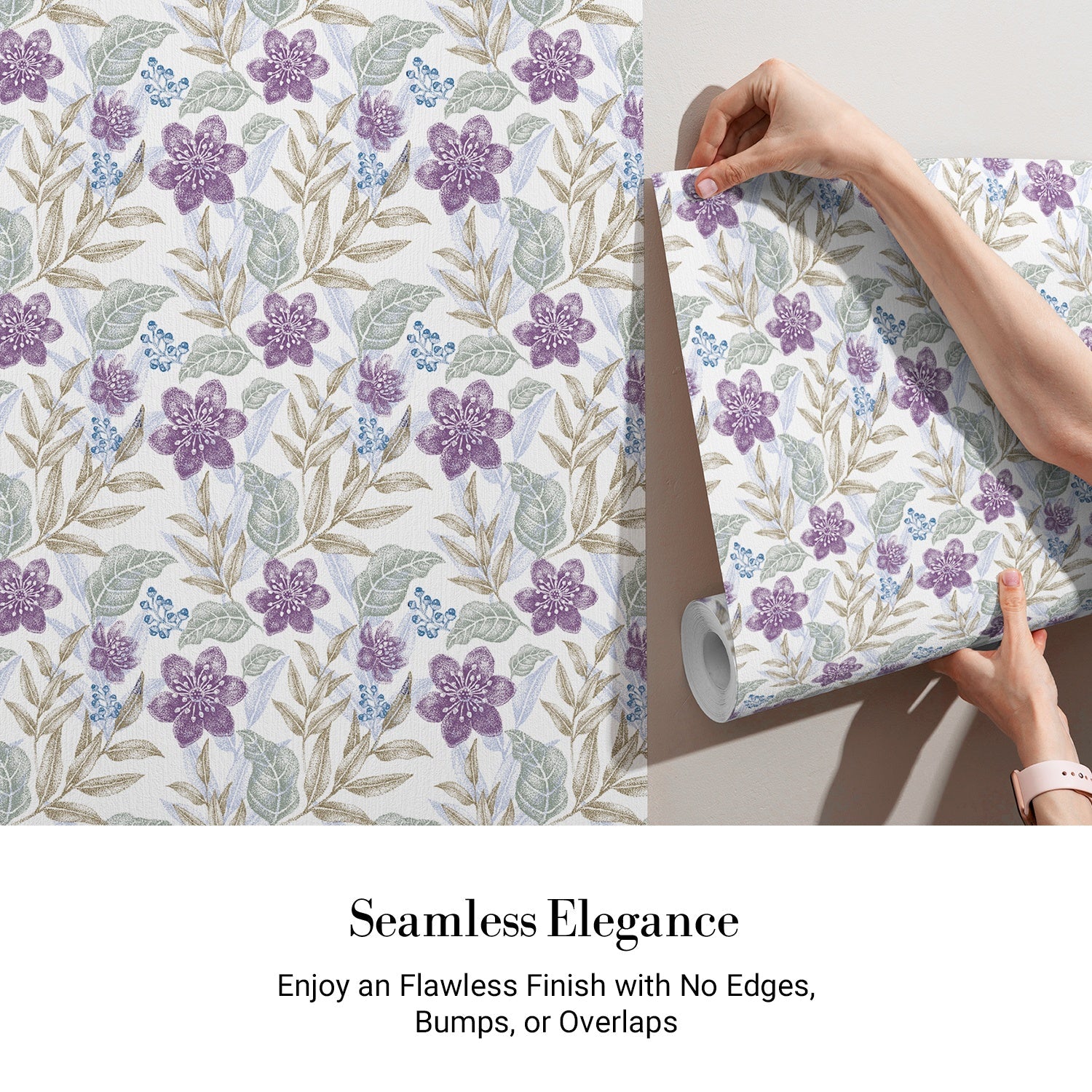 Delicate purple flowers with sage leaves create elegant repeating floral motif on white background - view 4 - final