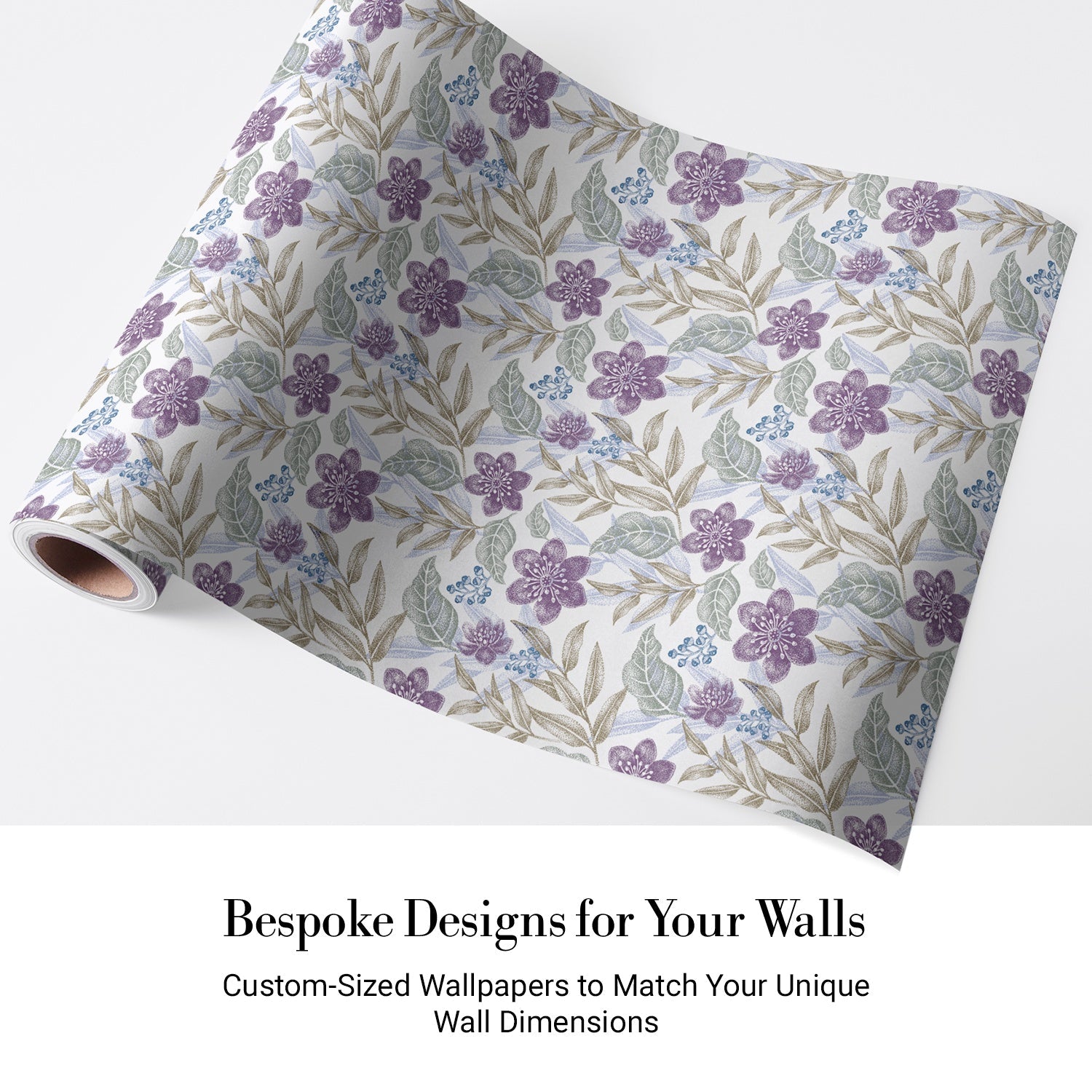 Delicate purple flowers with sage leaves create elegant repeating floral motif on white background - view 5 - final