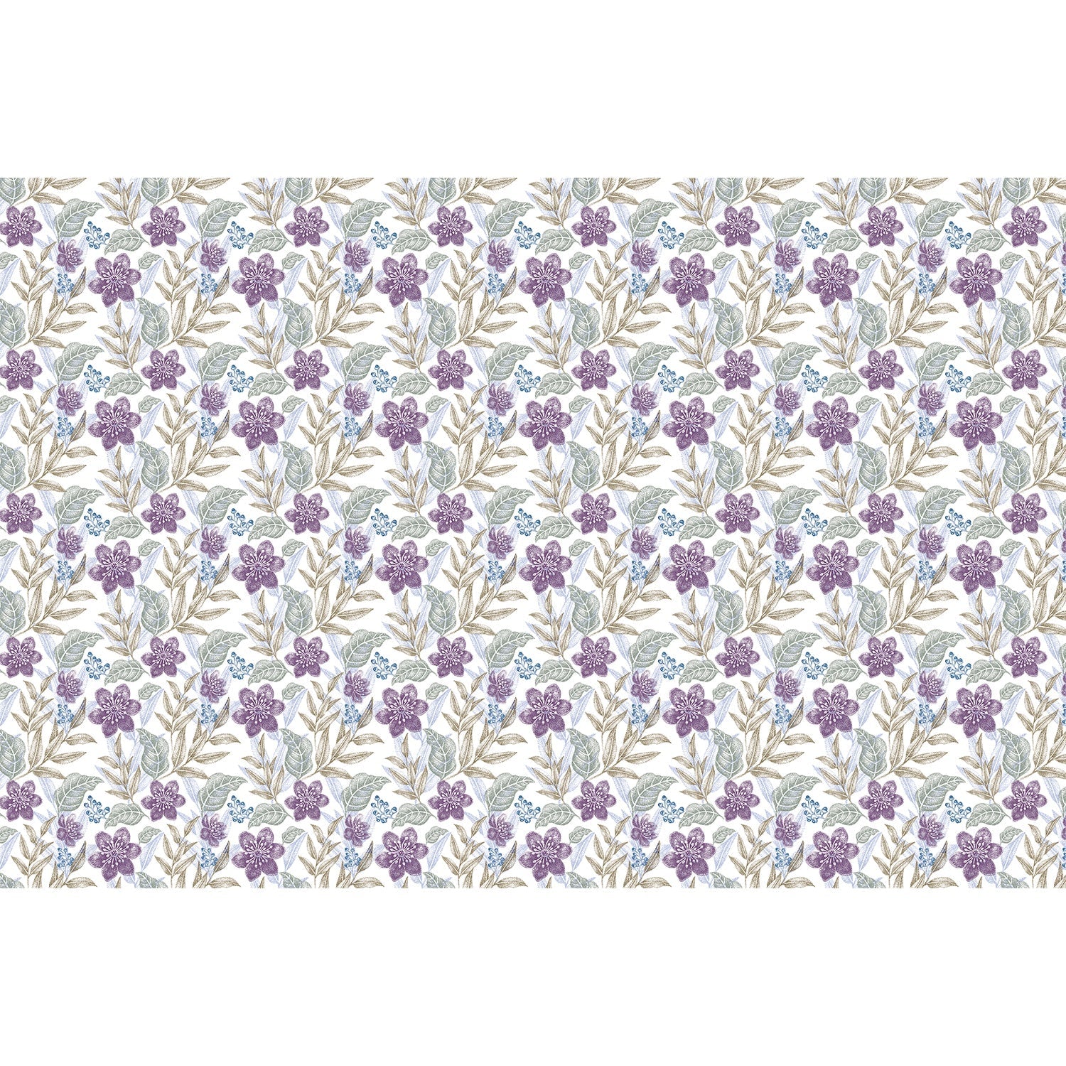 Delicate purple flowers with sage leaves create elegant repeating floral motif on white background - view 6 - repeat-full-square - final