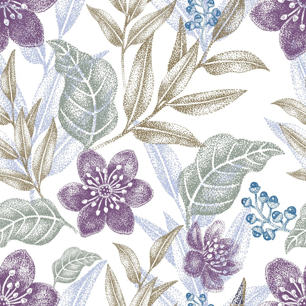 Delicate purple flowers with sage leaves create elegant repeating floral motif on white background - view 8 - repeat-small - final