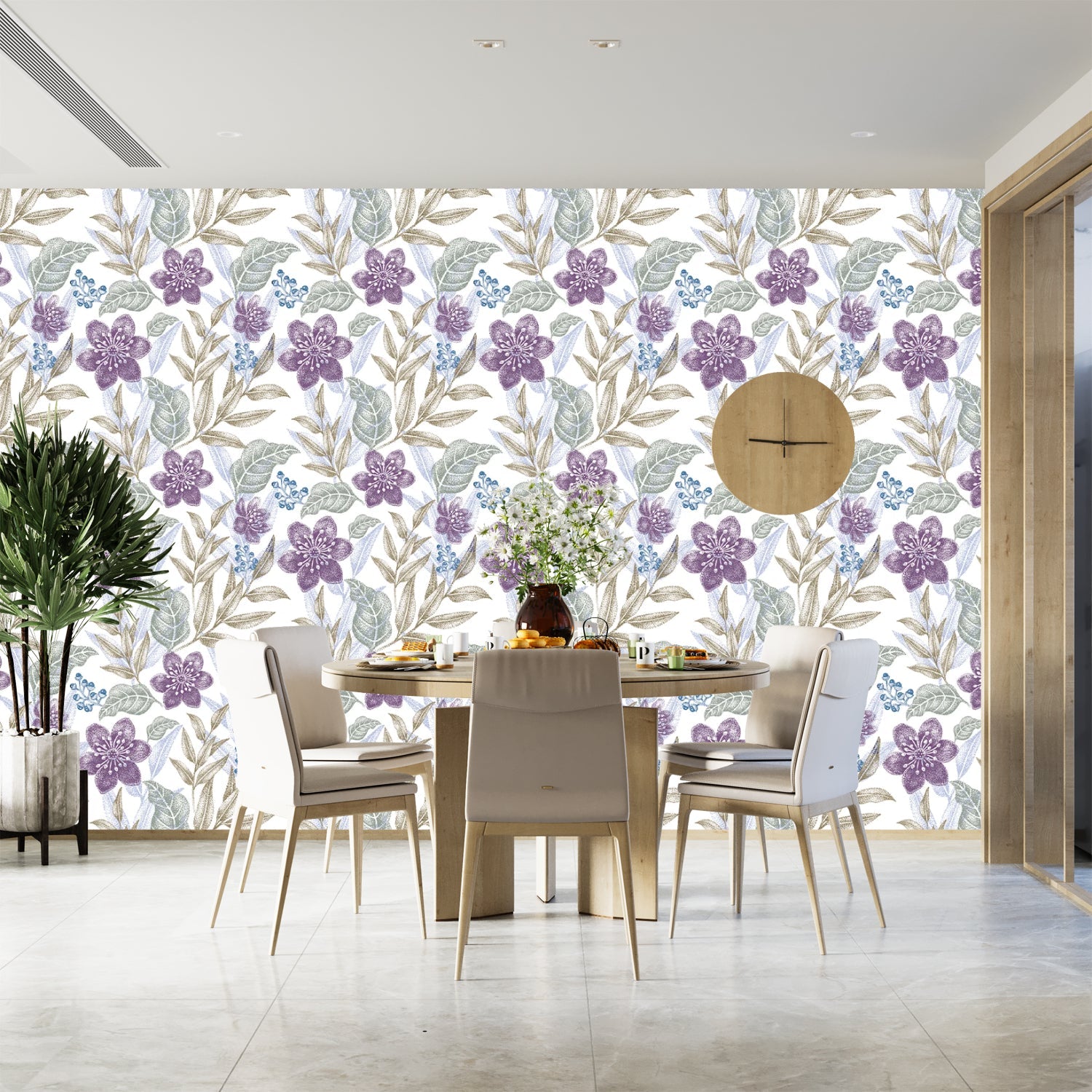Delicate purple flowers with sage leaves create elegant repeating floral motif on white background - final dining-room