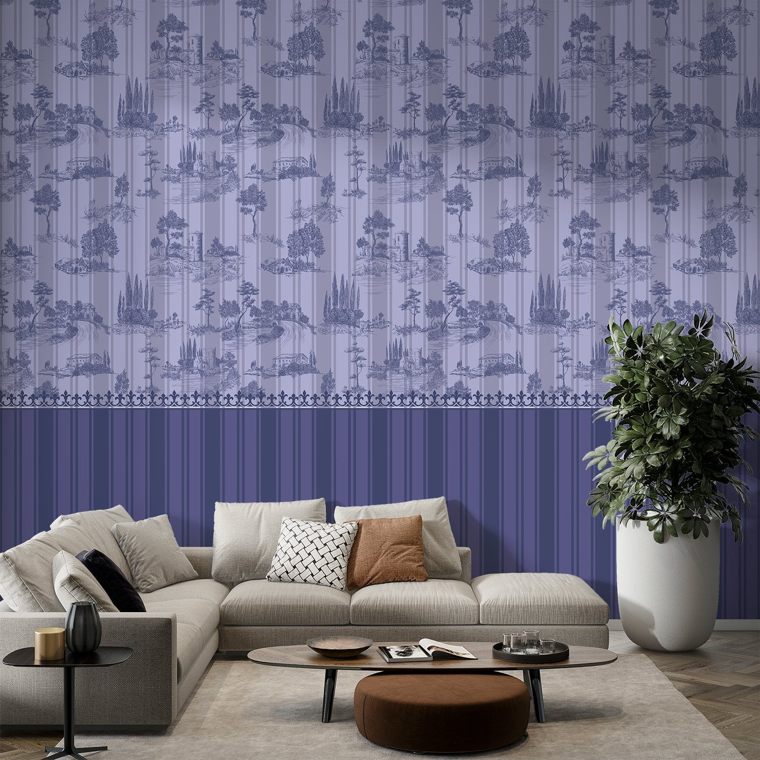 Lavender European countryside toile pattern featuring castles and trees in classic scenic style - view 11 - final