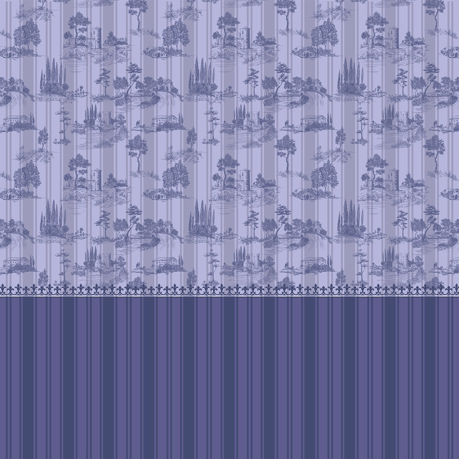 Lavender European countryside toile pattern featuring castles and trees in classic scenic style - view 12 - final