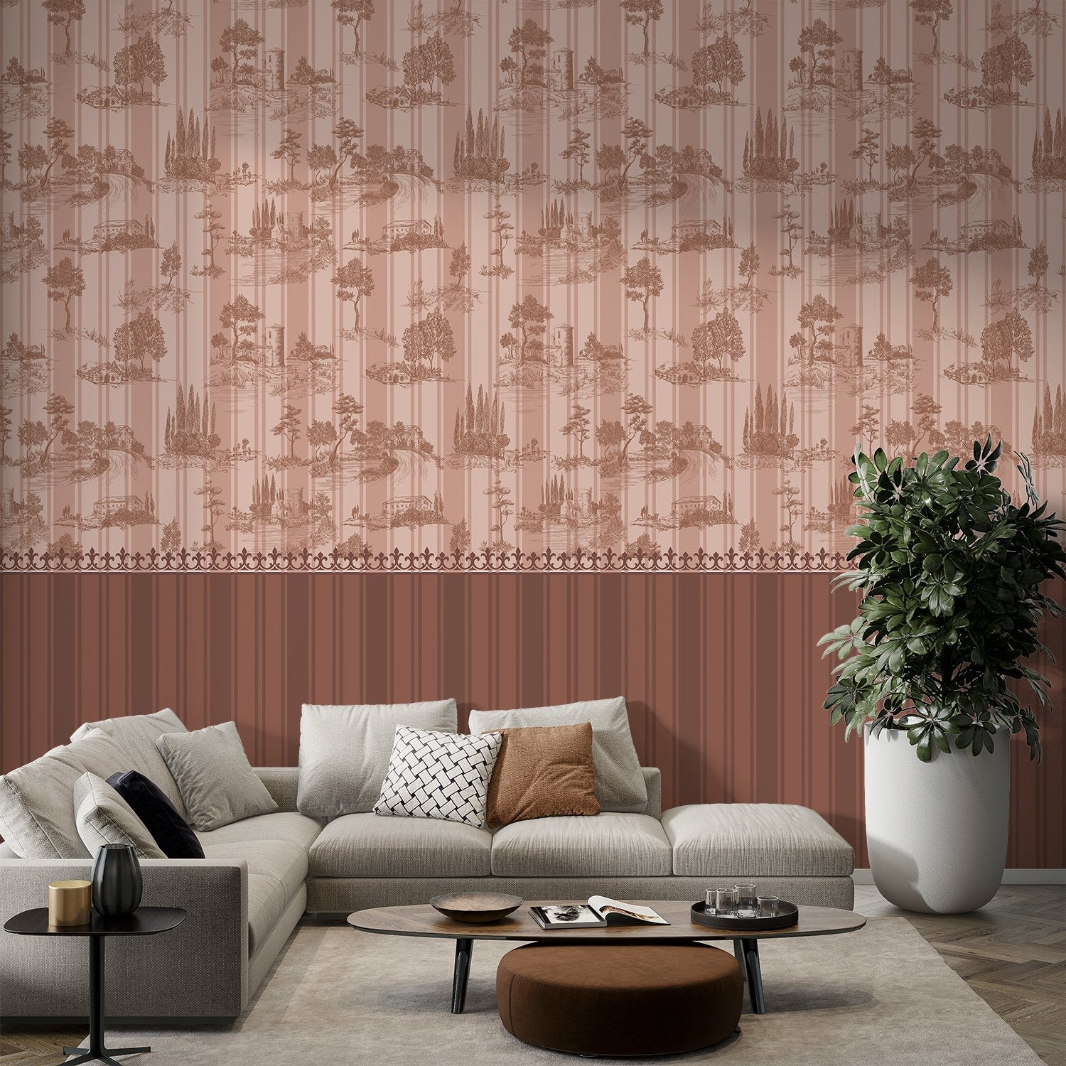 Lavender European countryside toile pattern featuring castles and trees in classic scenic style - view 15 - final