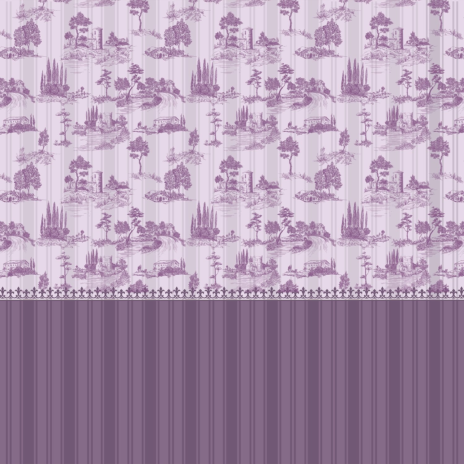Lavender European countryside toile pattern featuring castles and trees in classic scenic style - view 2 - final