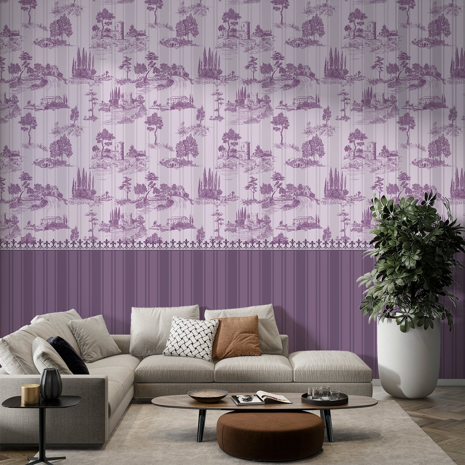 Lavender European countryside toile pattern featuring castles and trees in classic scenic style - final living-room