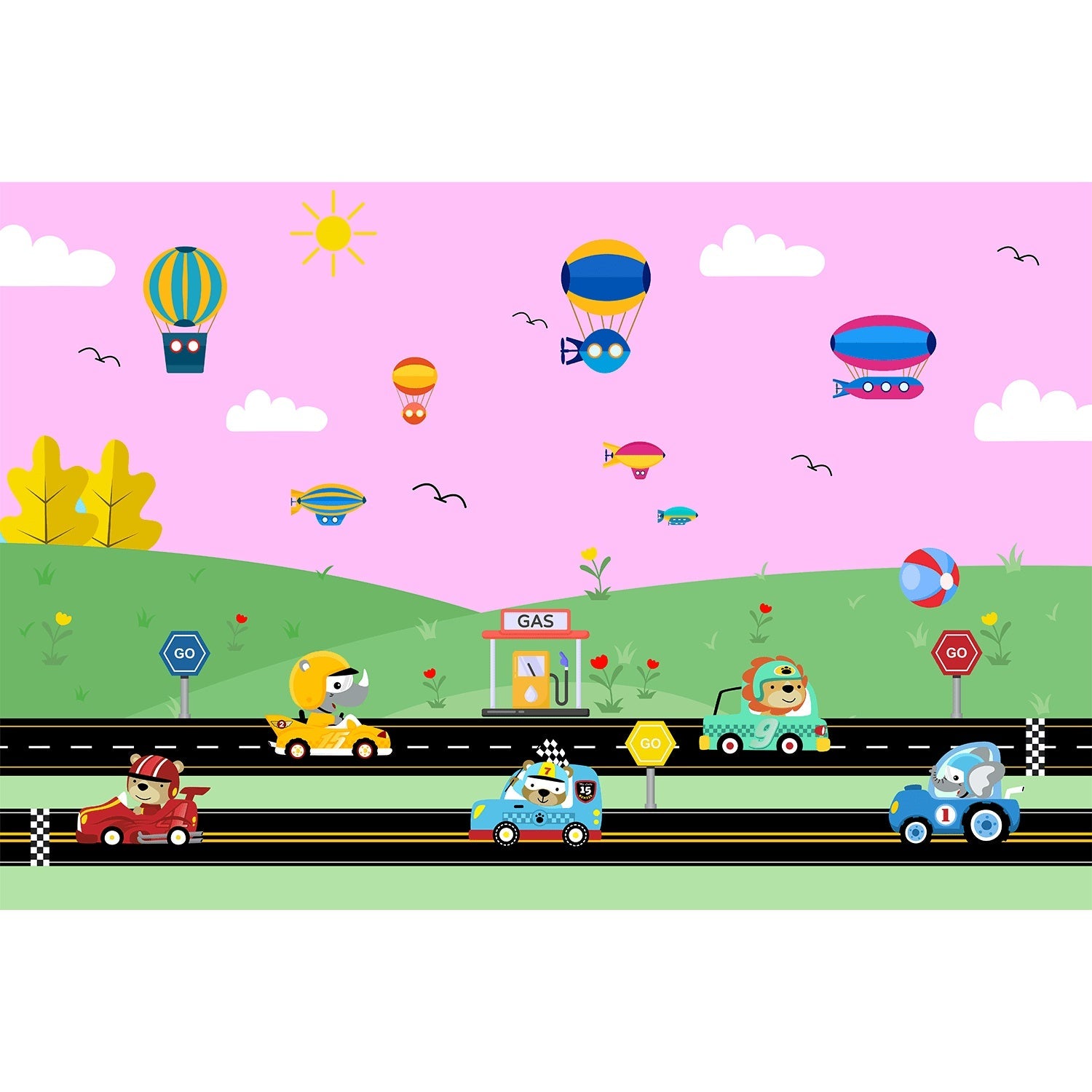 "Racing cars and balloons on speedway track in lea - kids wallpaper mural-equal final"
