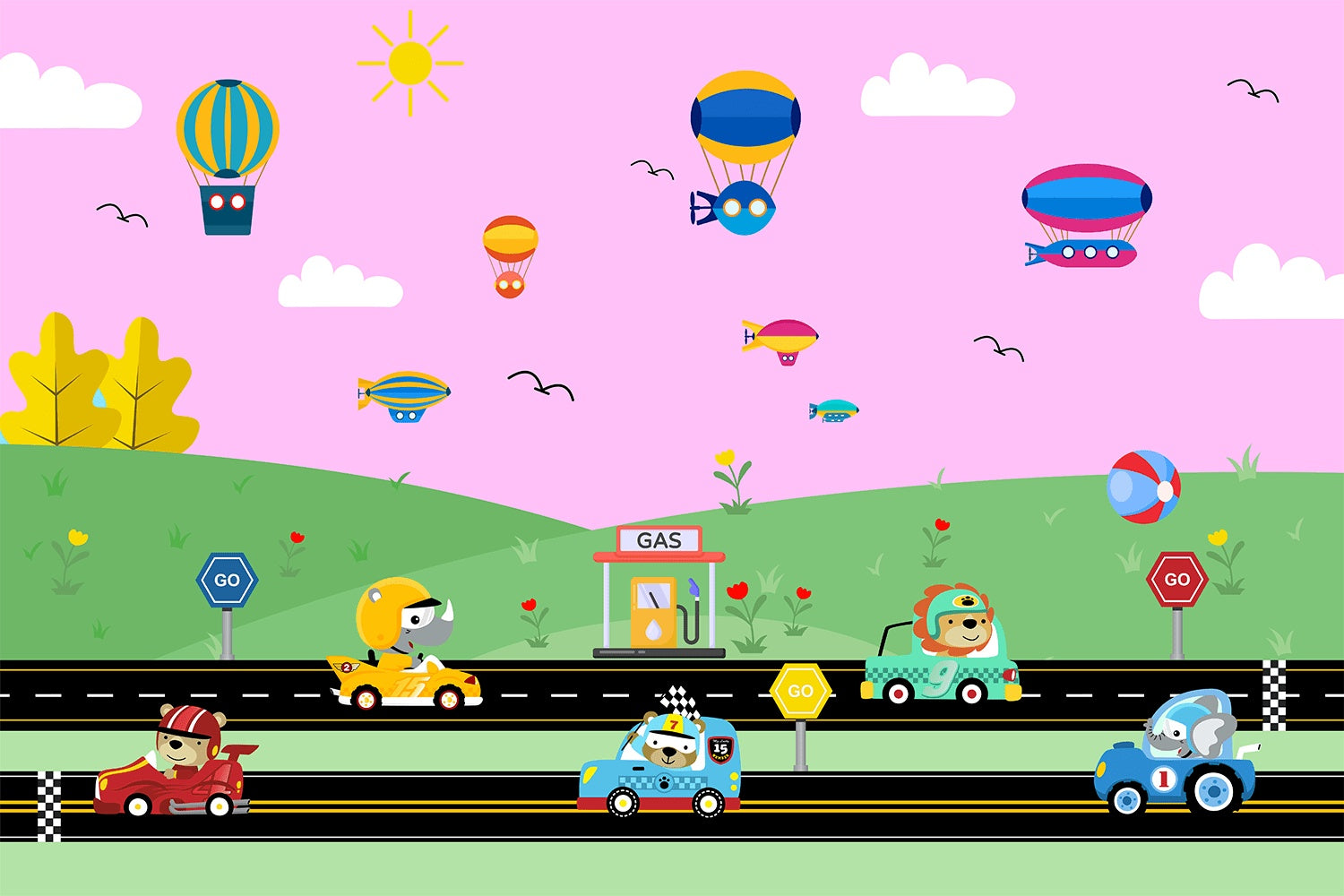 "Racing cars and balloons on speedway lea - kids wallpaper mural-inequal final"
