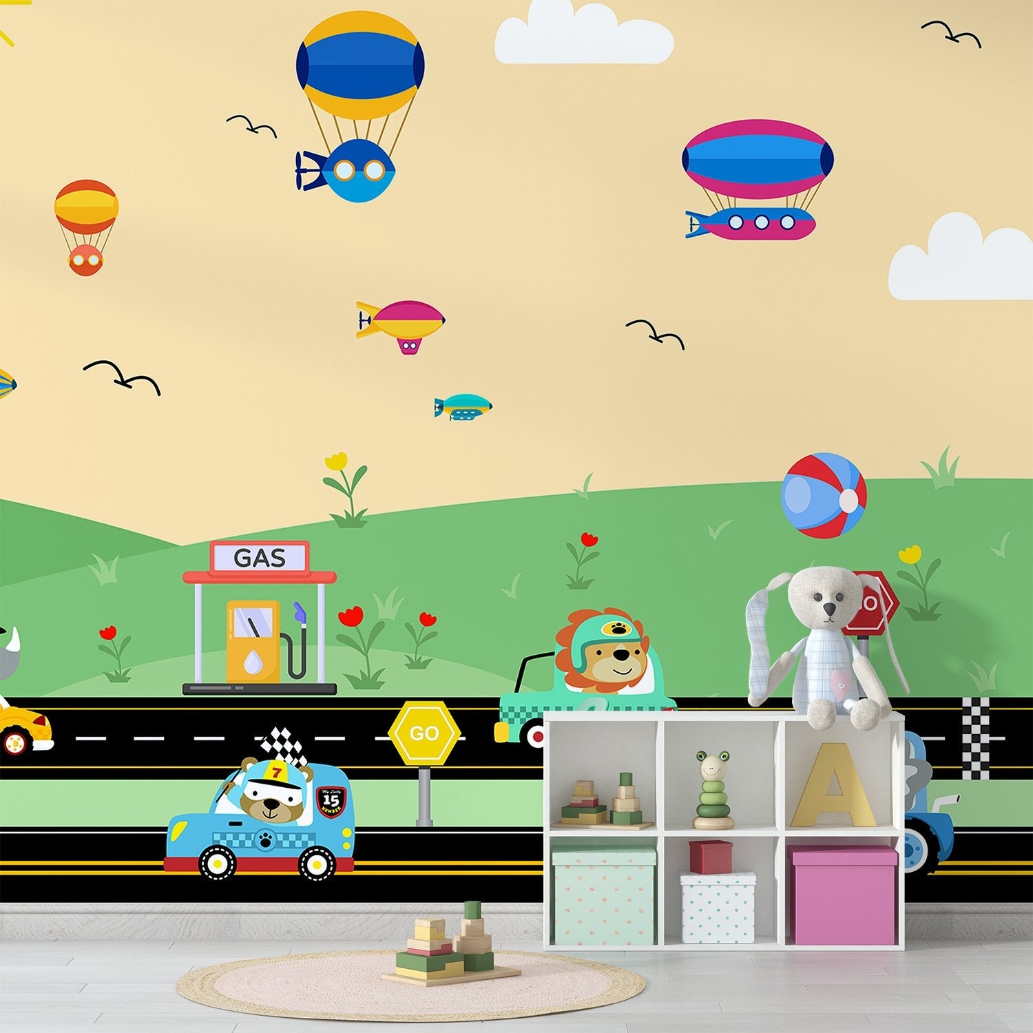 Cartoon racing scene with hot air balloons, cars and gas station on green landscape - view 13 - final