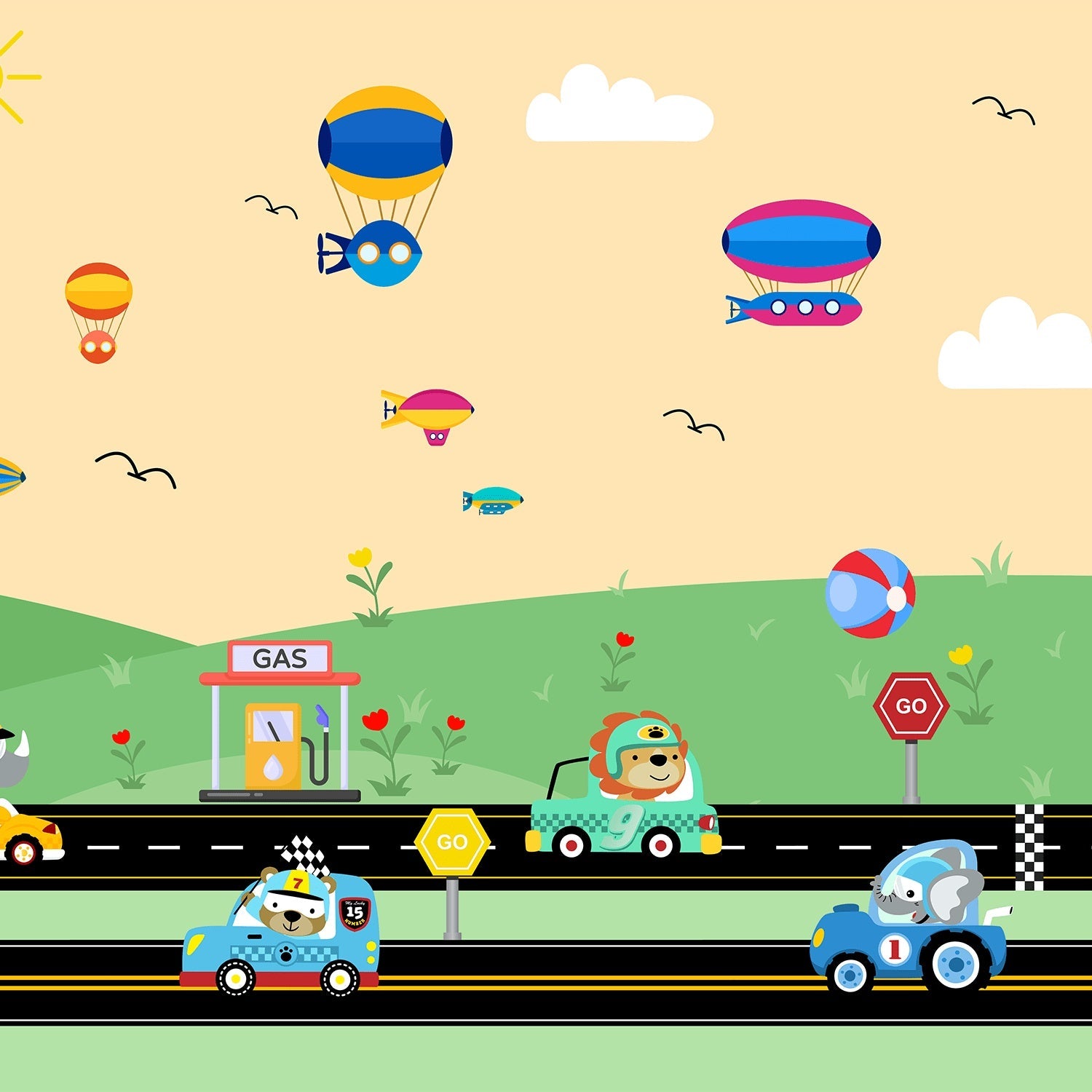 Cartoon racing scene with hot air balloons, cars and gas station on green landscape - view 14 - final
