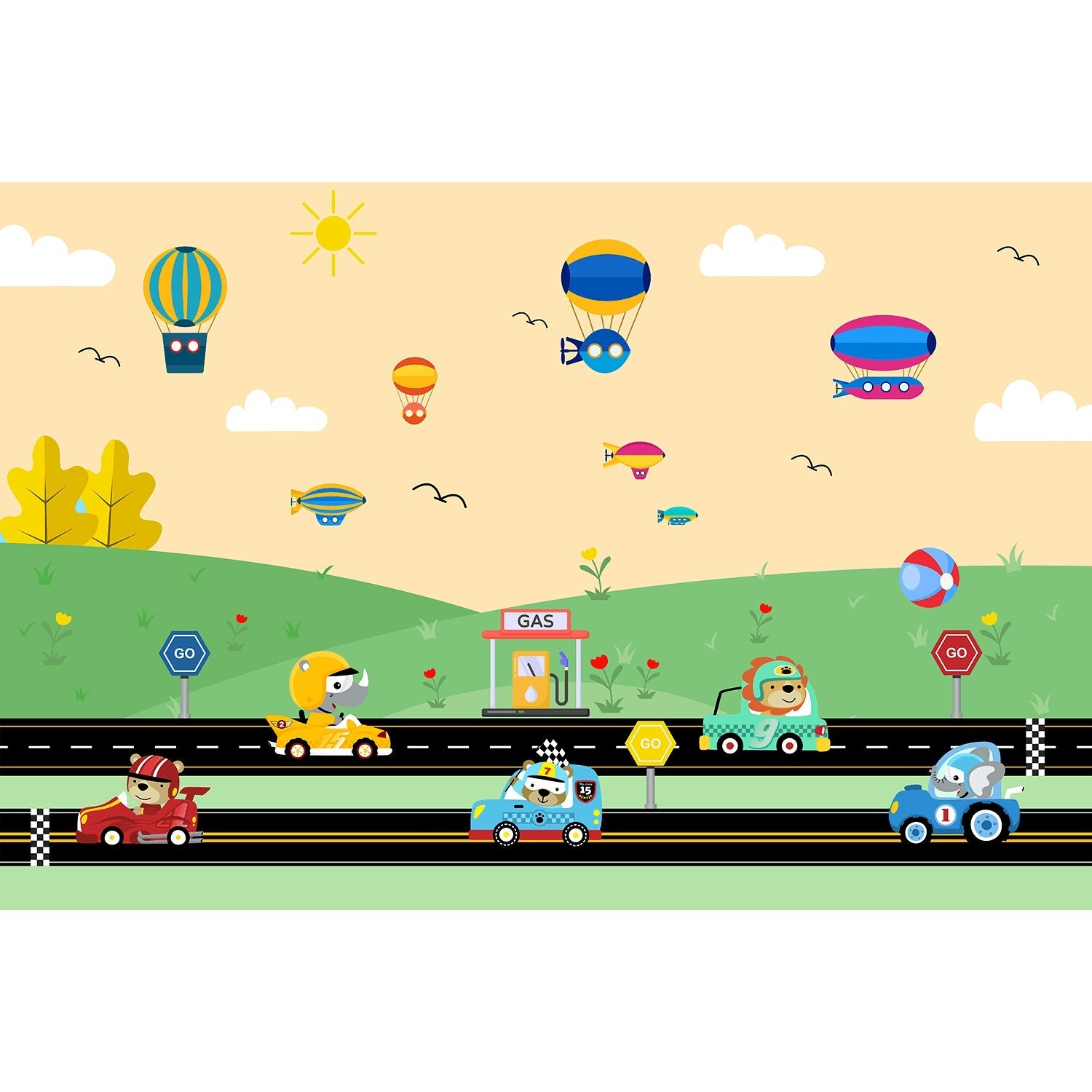 "Racing cars and balloons on speedway track in lea - kids wallpaper mural-equal final"