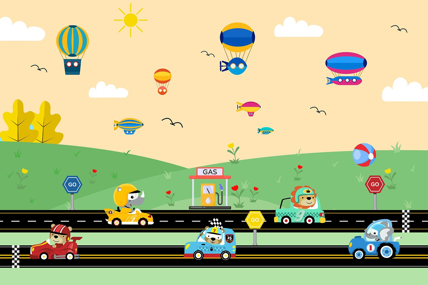 "Racing cars and balloons on speedway lea - kids wallpaper mural-inequal final"