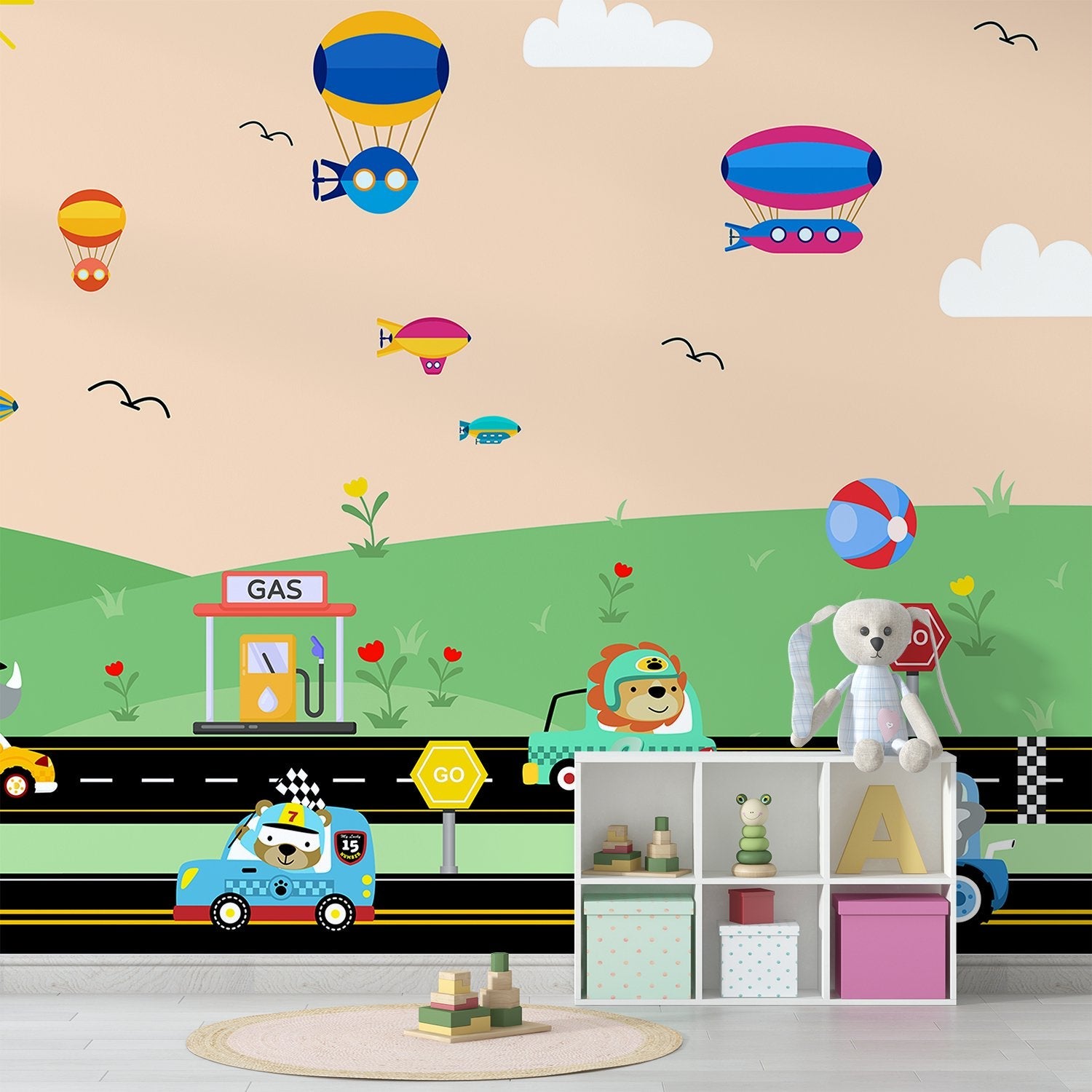 Cartoon racing scene with hot air balloons, cars and gas station on green landscape - view 17 - final