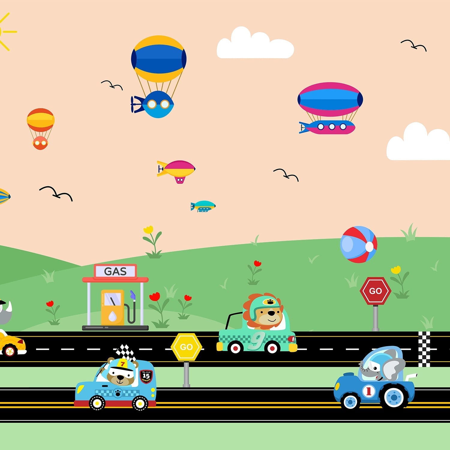 Cartoon racing scene with hot air balloons, cars and gas station on green landscape - view 18 - final