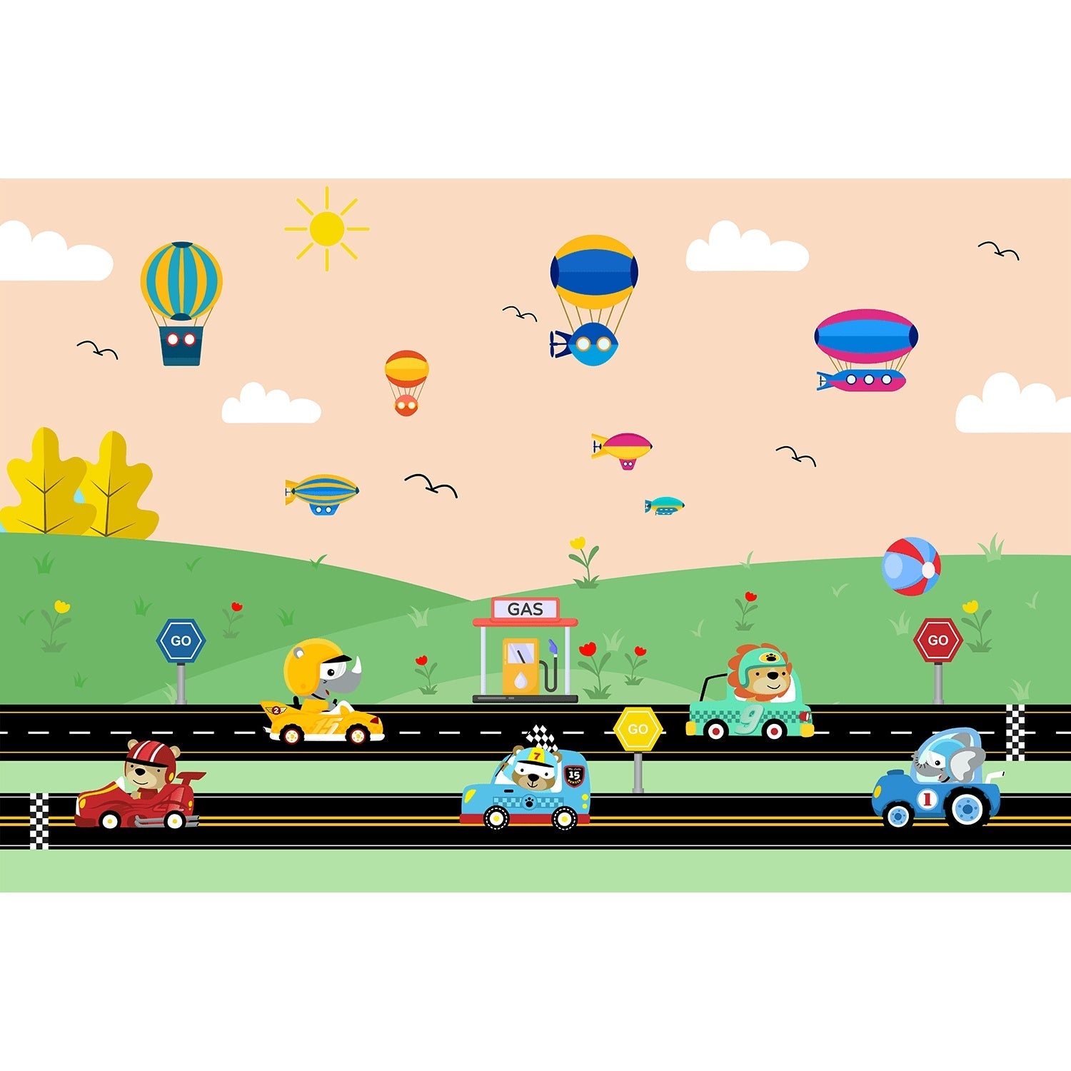 "Racing cars and balloons on speedway track in lea - kids wallpaper mural-equal final"