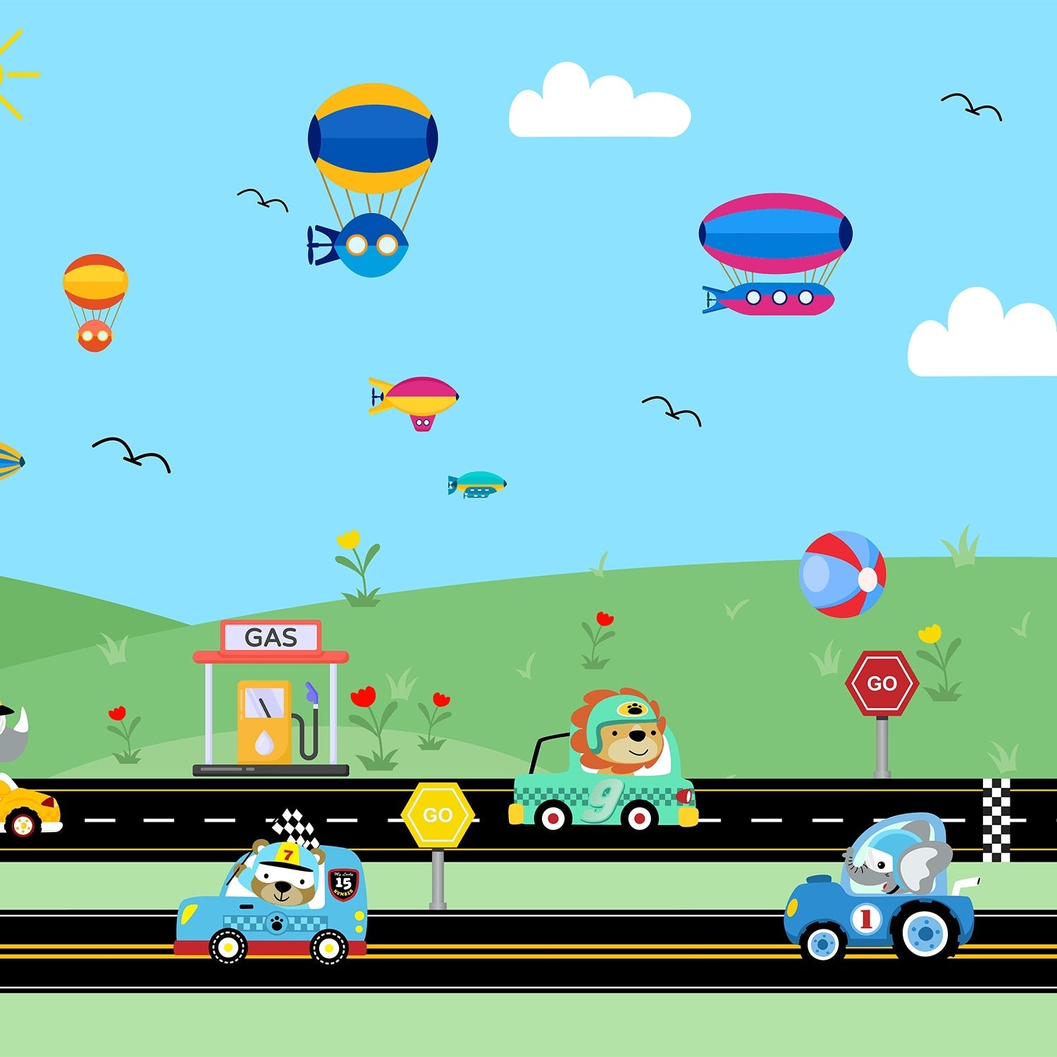 Cartoon racing scene with hot air balloons, cars and gas station on green landscape - view 2 - final