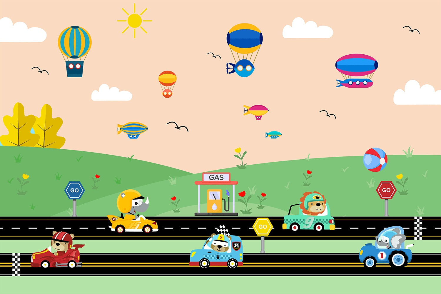 "Racing cars and balloons on speedway lea - kids wallpaper mural-inequal final"