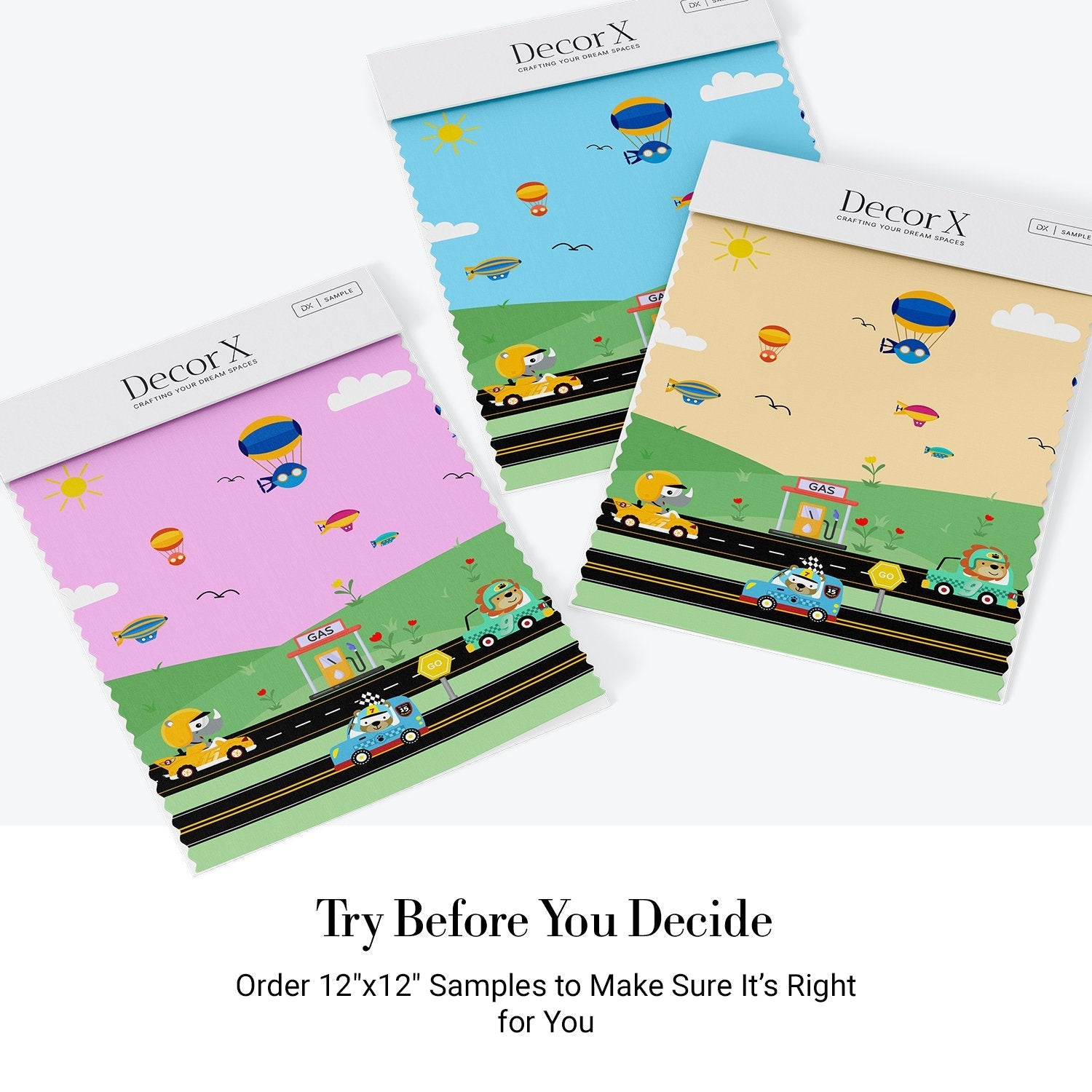 Cartoon racing scene with hot air balloons, cars and gas station on green landscape - view 21 - final all-groups samples