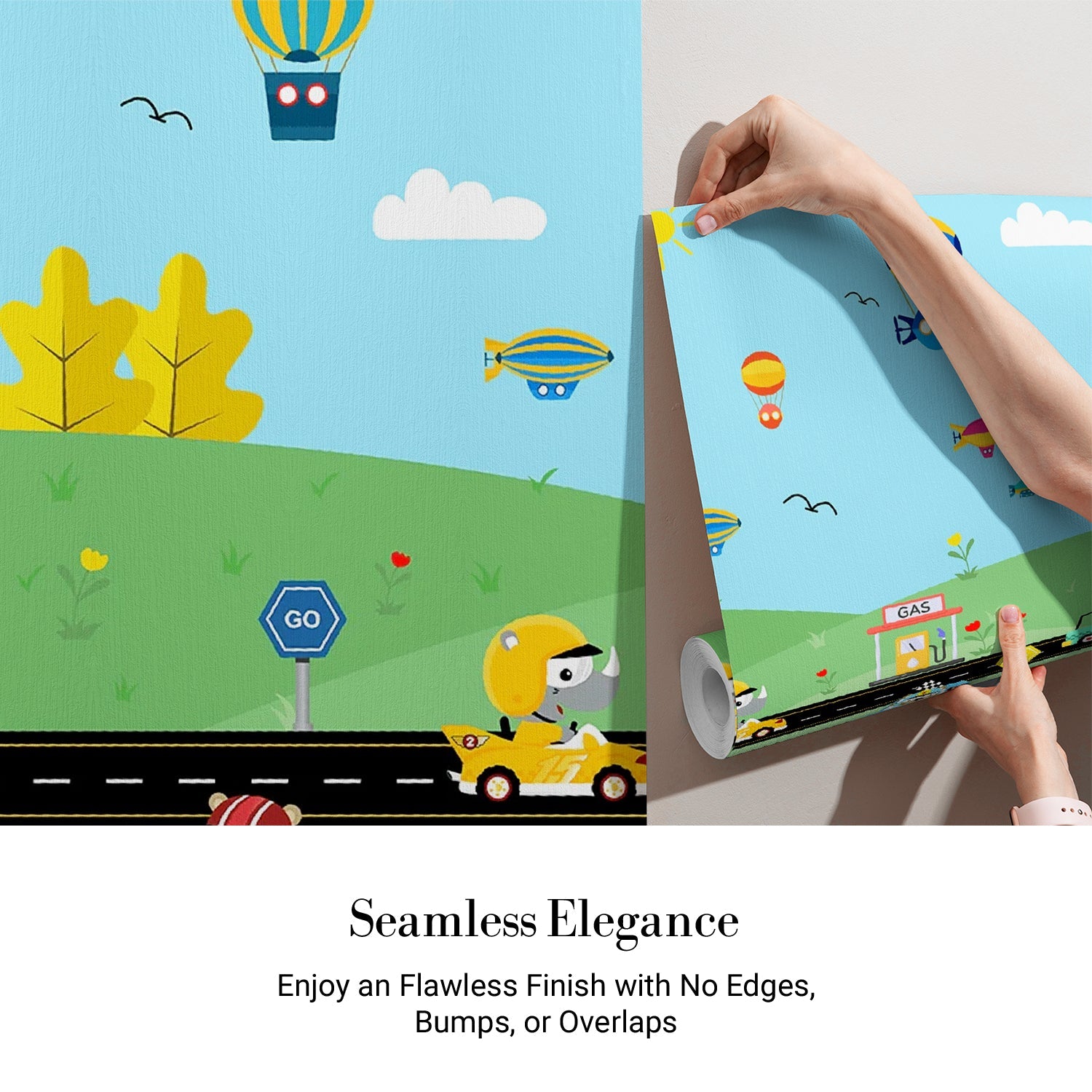 Cartoon racing scene with hot air balloons, cars and gas station on green landscape - view 3 - final