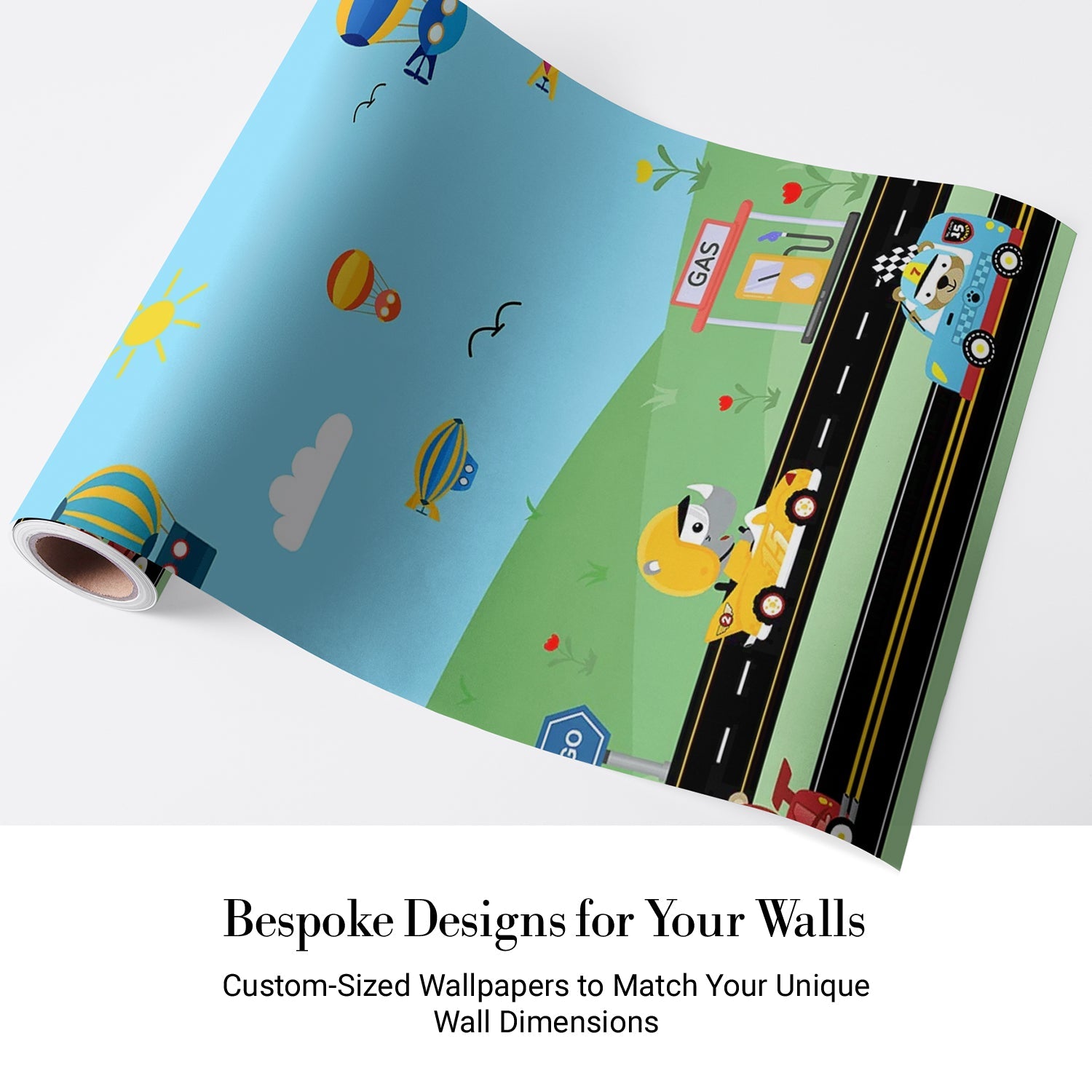 Cartoon racing scene with hot air balloons, cars and gas station on green landscape - view 4 - final