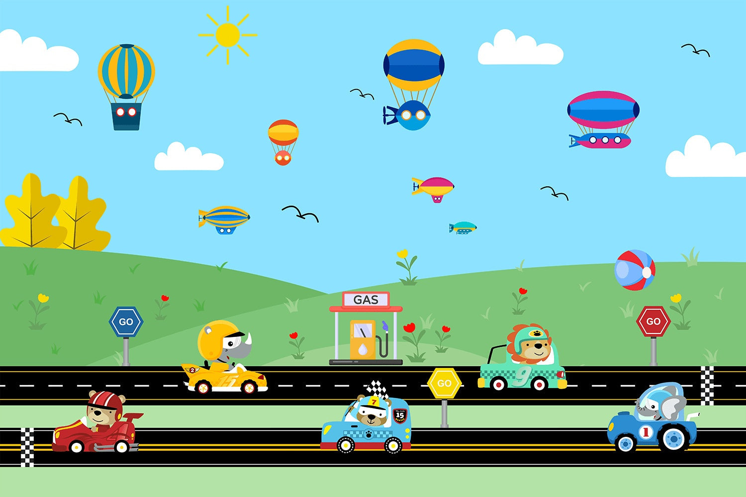 "Racing cars and balloons on speedway lea - kids wallpaper mural-inequal final"
