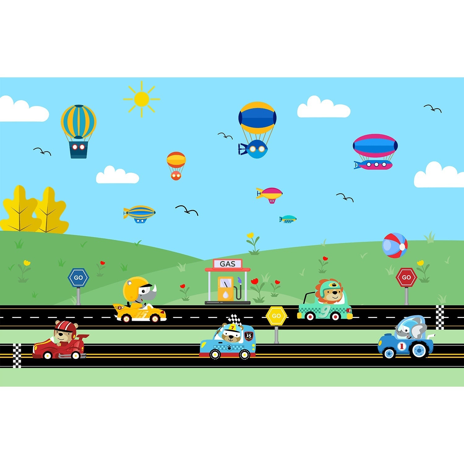 "Racing cars and balloons on speedway track in lea - kids wallpaper mural-equal final"