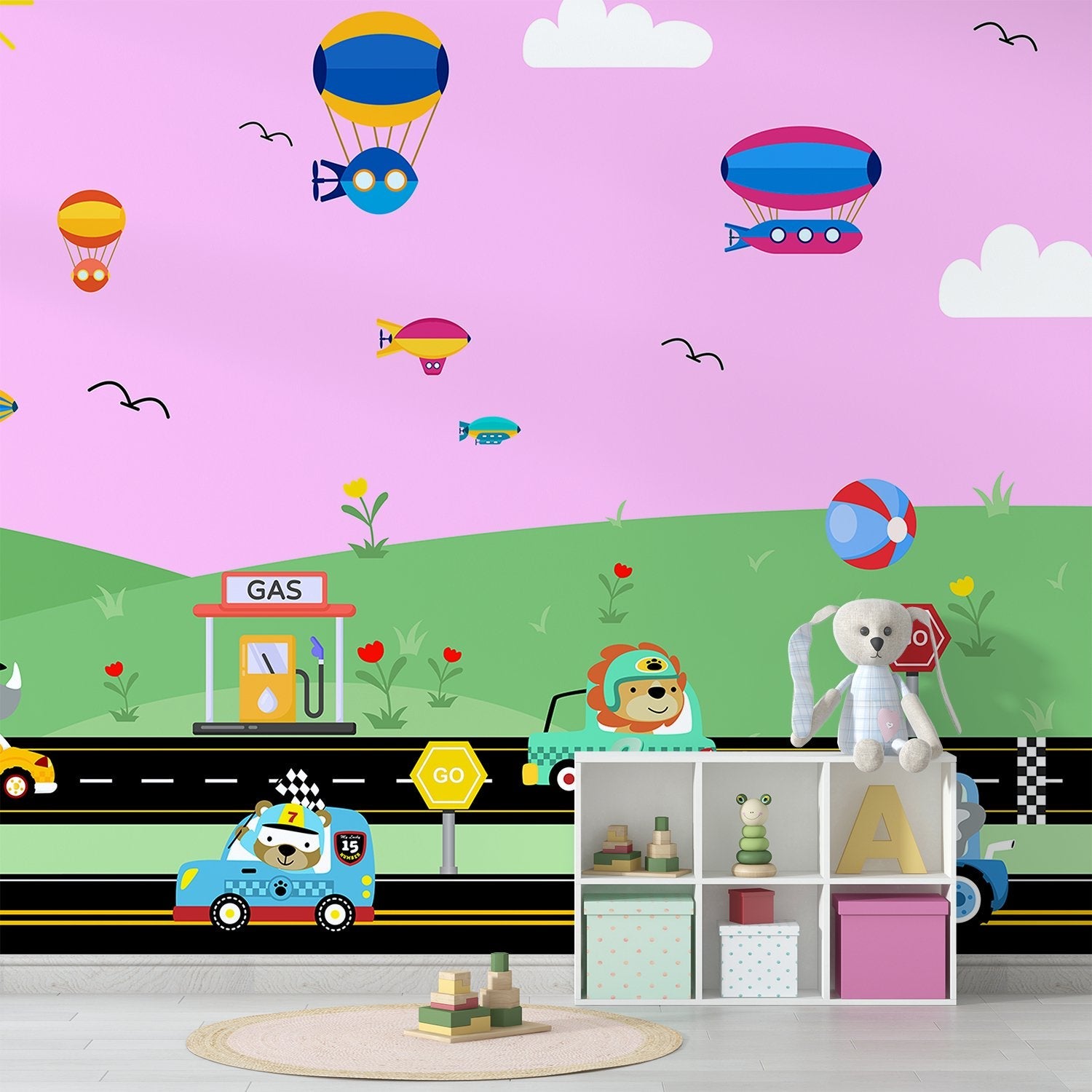 Cartoon racing scene with hot air balloons, cars and gas station on green landscape - view 7 - final