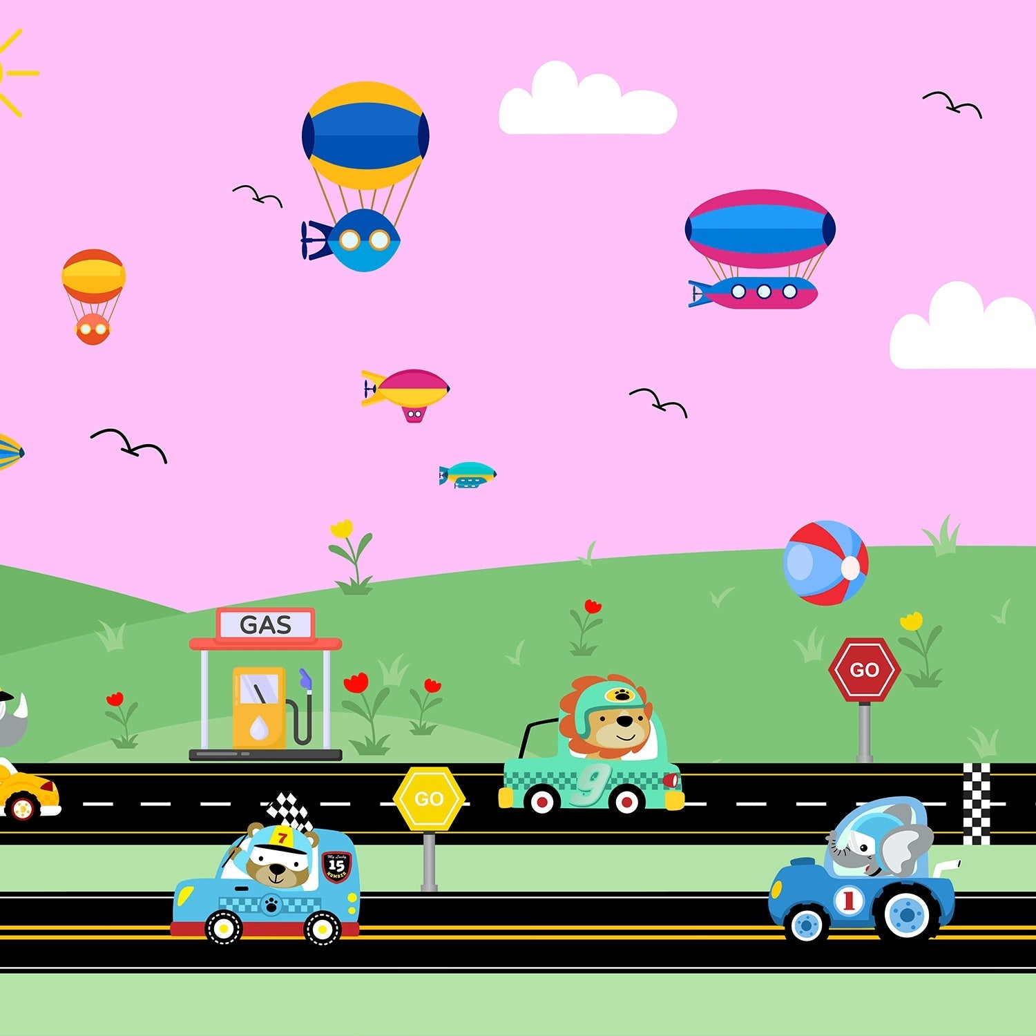Cartoon racing scene with hot air balloons, cars and gas station on green landscape - view 8 - final