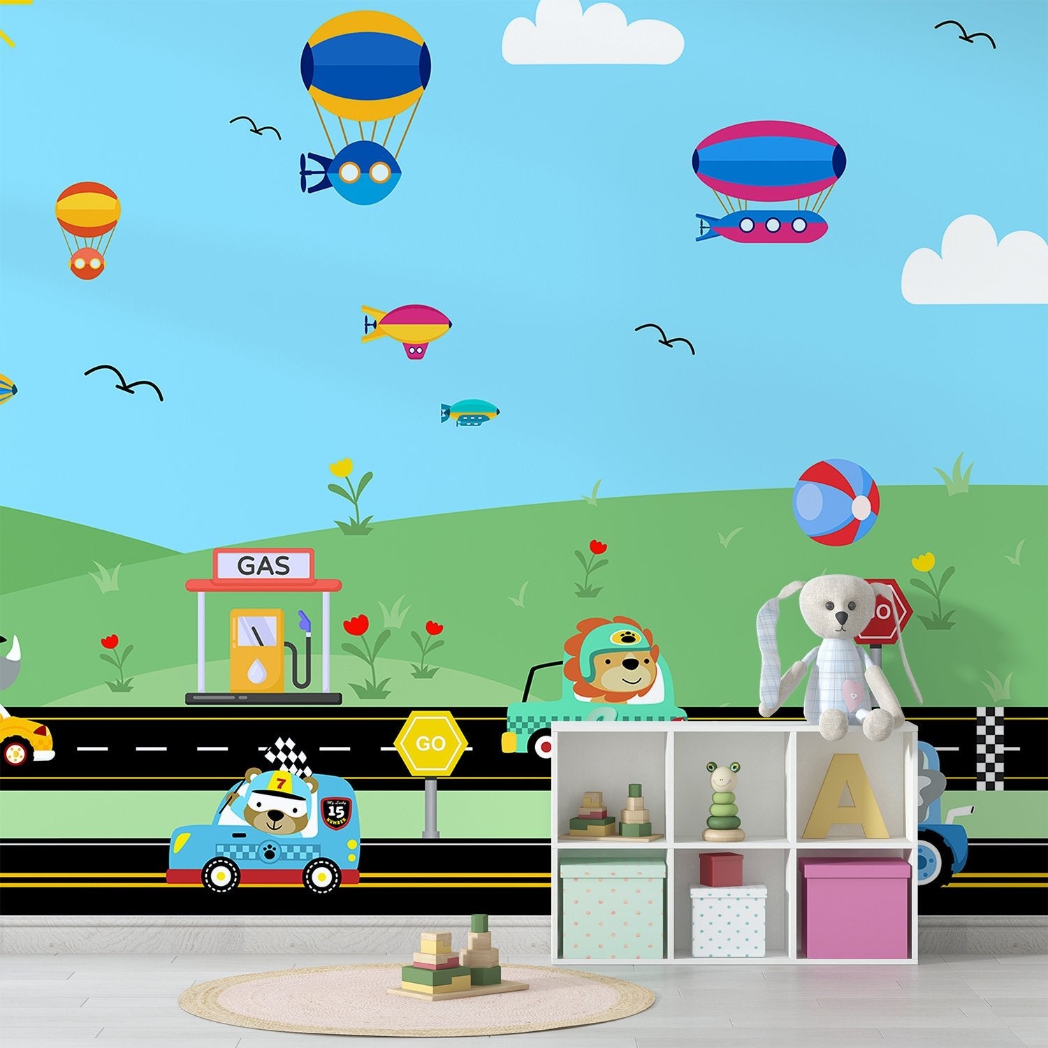 Cartoon racing scene with hot air balloons, cars and gas station on green landscape - final kids-room