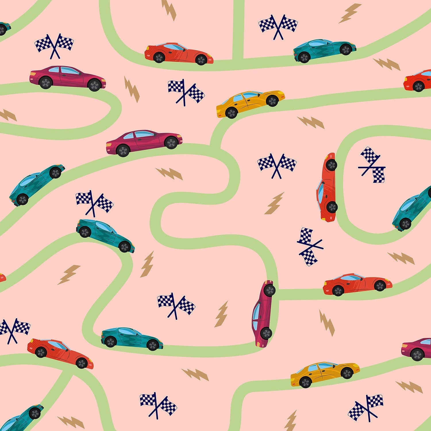 Playful racing cars pattern with winding green tracks and checkered flags on yellow background - view 12 - final