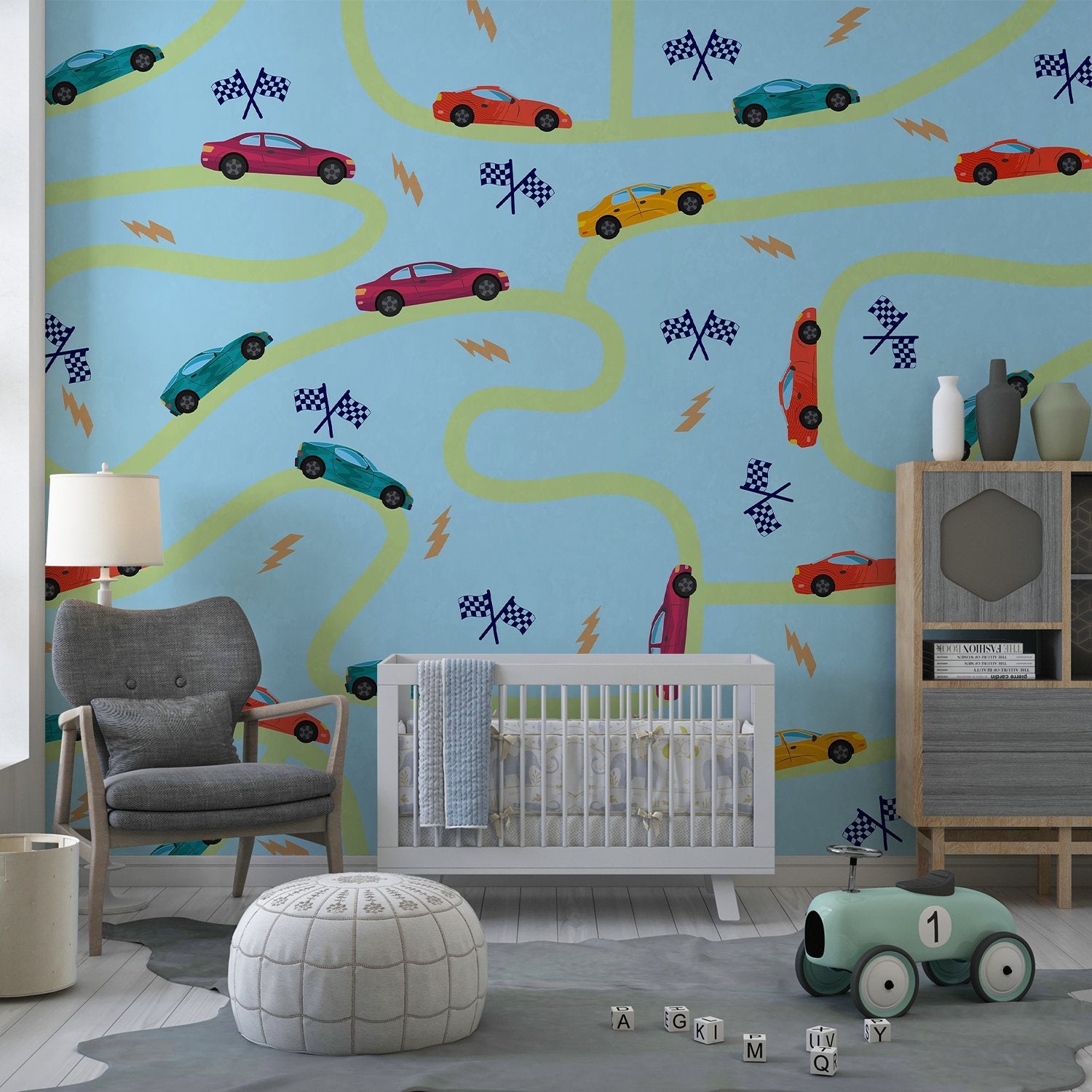 Playful racing cars pattern with winding green tracks and checkered flags on yellow background - view 15 - final