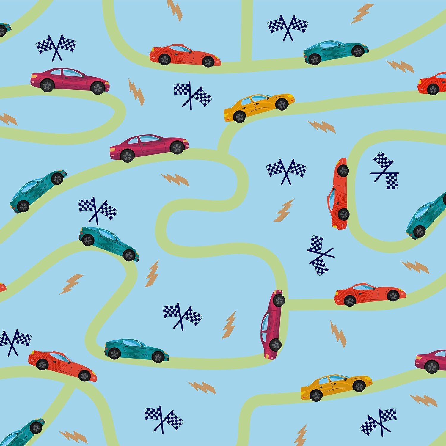 Playful racing cars pattern with winding green tracks and checkered flags on yellow background - view 16 - final