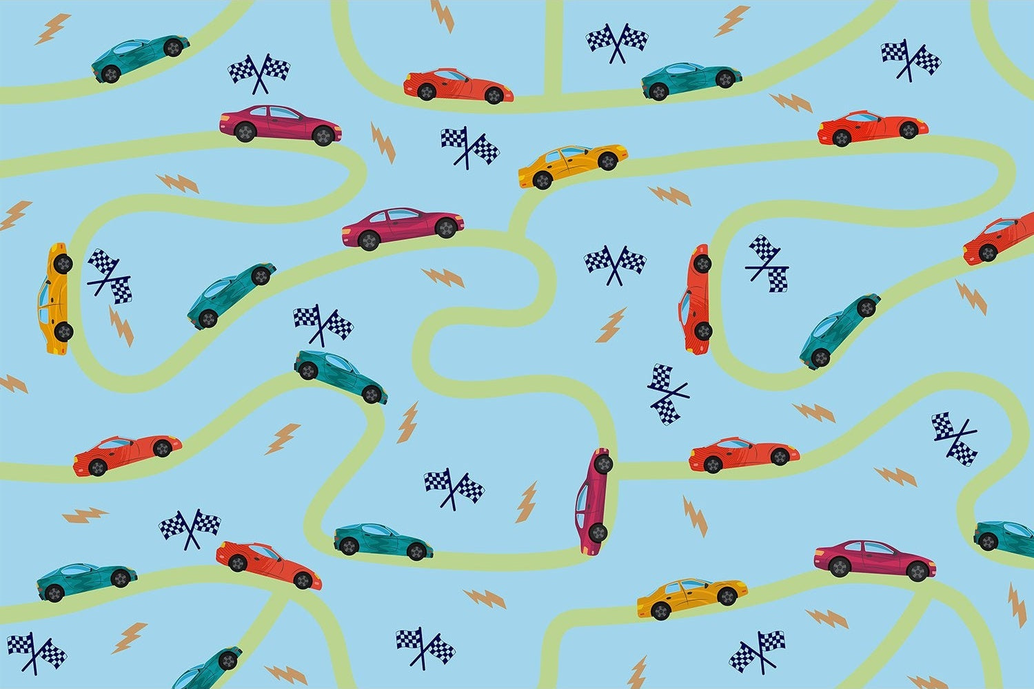 "Dynamic race car track design in lea - kids wallpaper mural-inequal final"