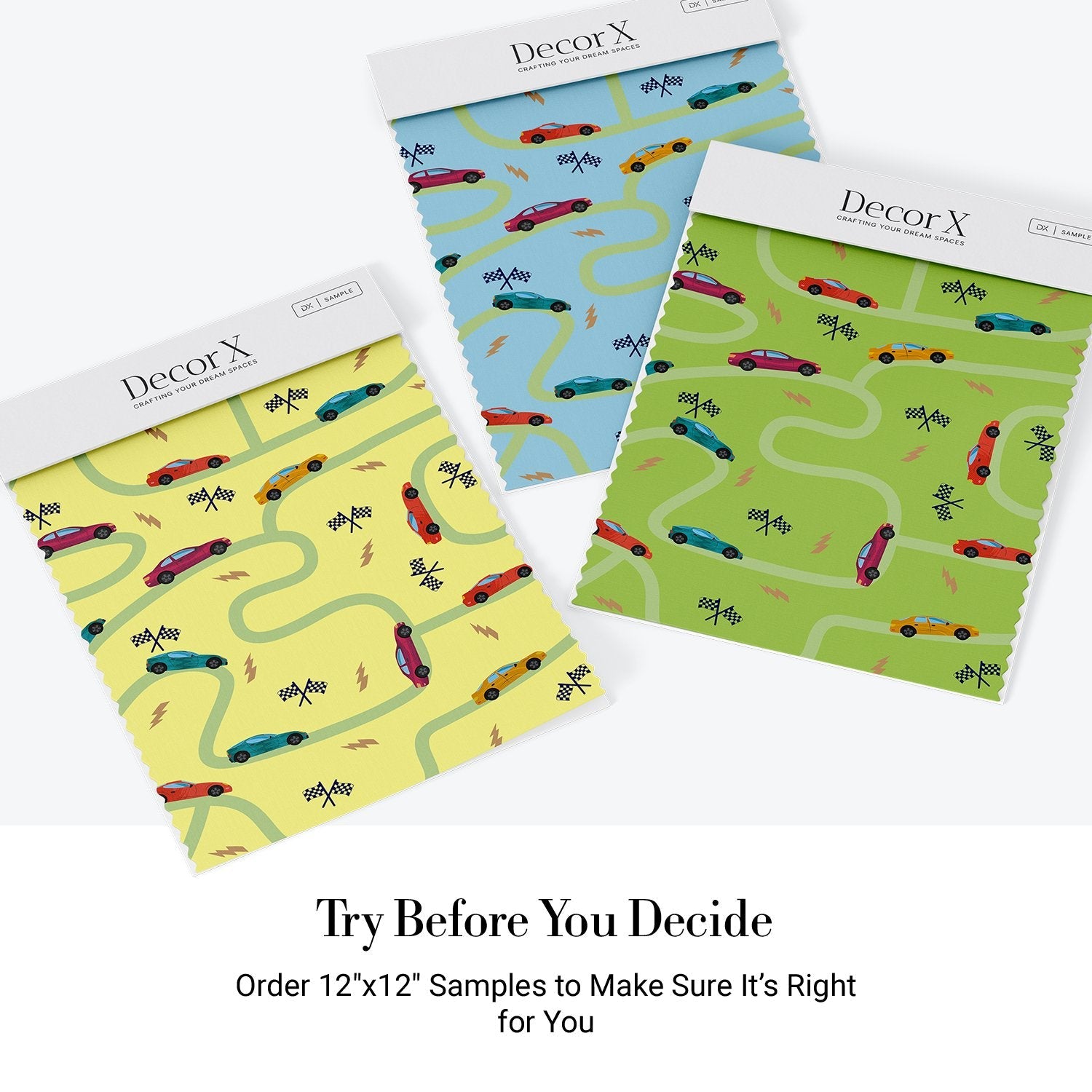 Playful racing cars pattern with winding green tracks and checkered flags on yellow background - view 19 - final all-groups samples