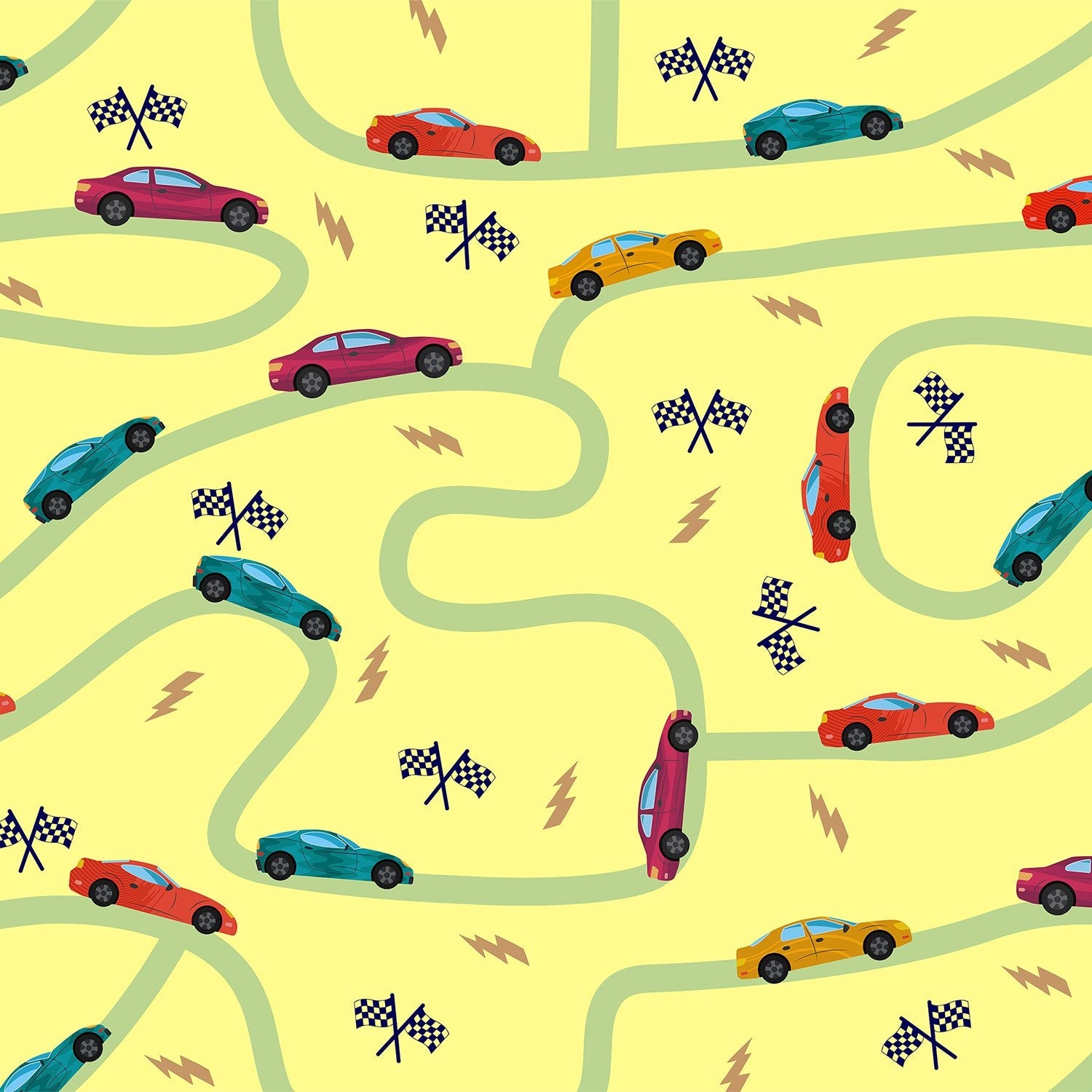 Playful racing cars pattern with winding green tracks and checkered flags on yellow background - view 2 - final