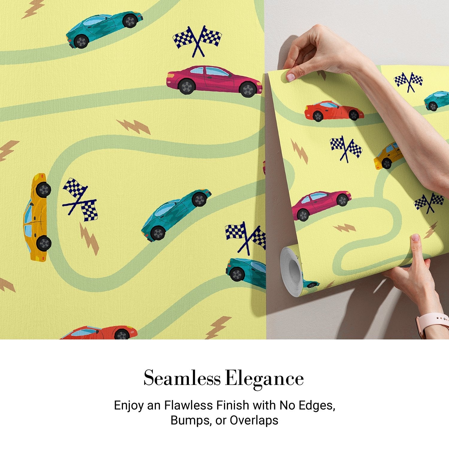 Playful racing cars pattern with winding green tracks and checkered flags on yellow background - view 3 - final