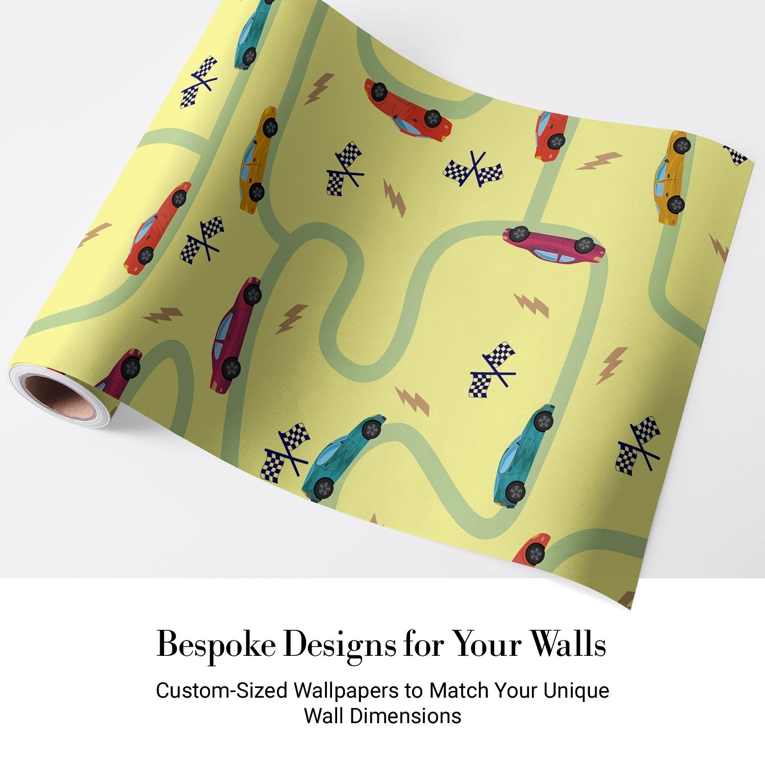 Playful racing cars pattern with winding green tracks and checkered flags on yellow background - view 4 - final