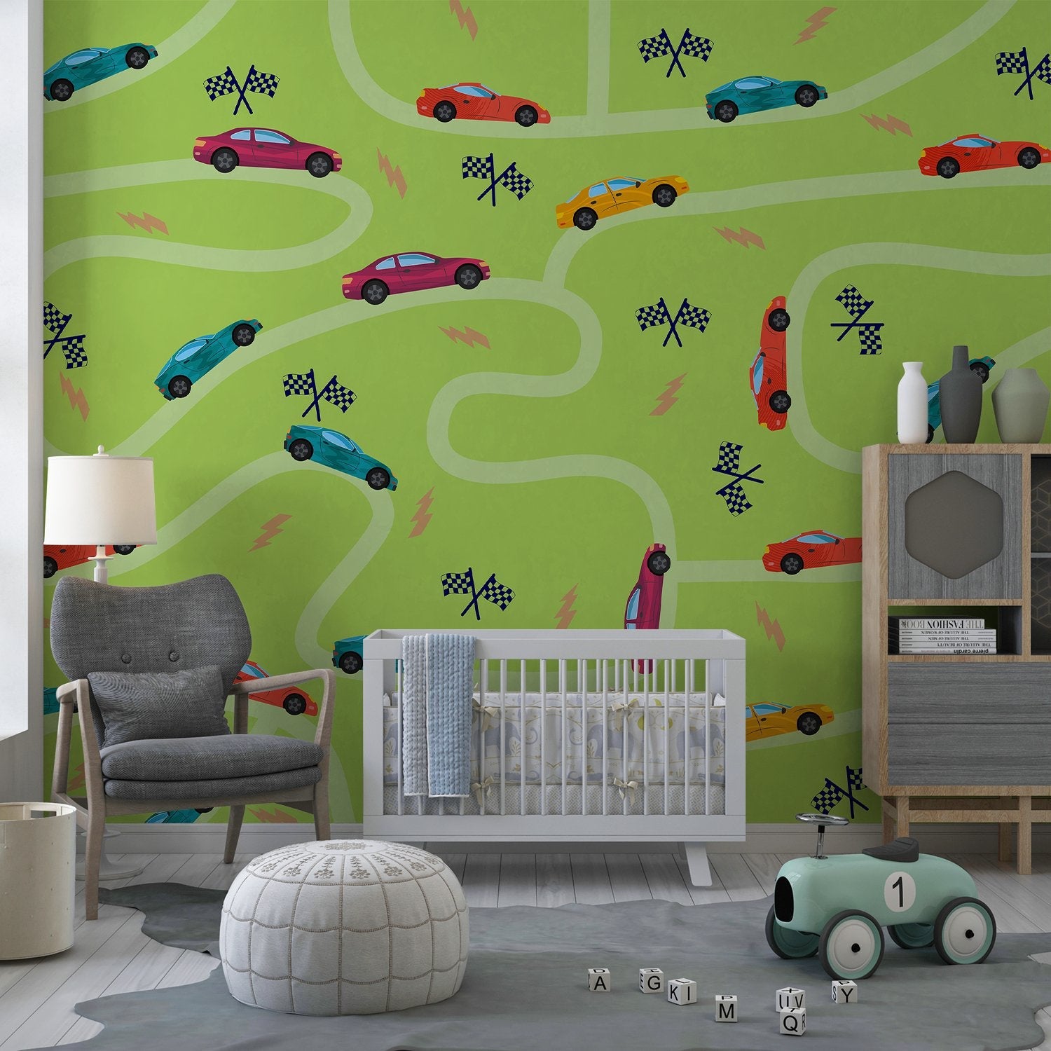 Playful racing cars pattern with winding green tracks and checkered flags on yellow background - view 7 - final