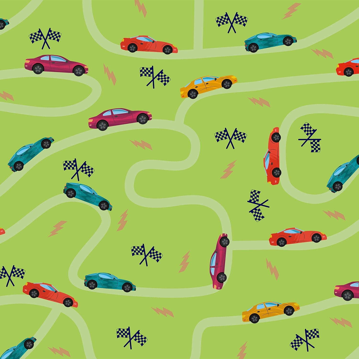 Playful racing cars pattern with winding green tracks and checkered flags on yellow background - view 8 - final