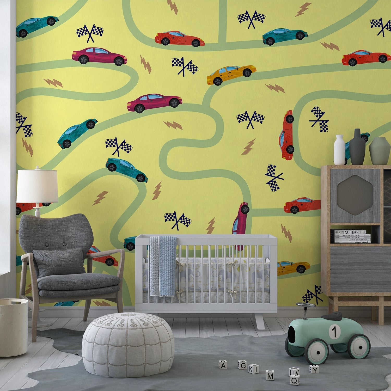 Playful racing cars pattern with winding green tracks and checkered flags on yellow background - final kids-room